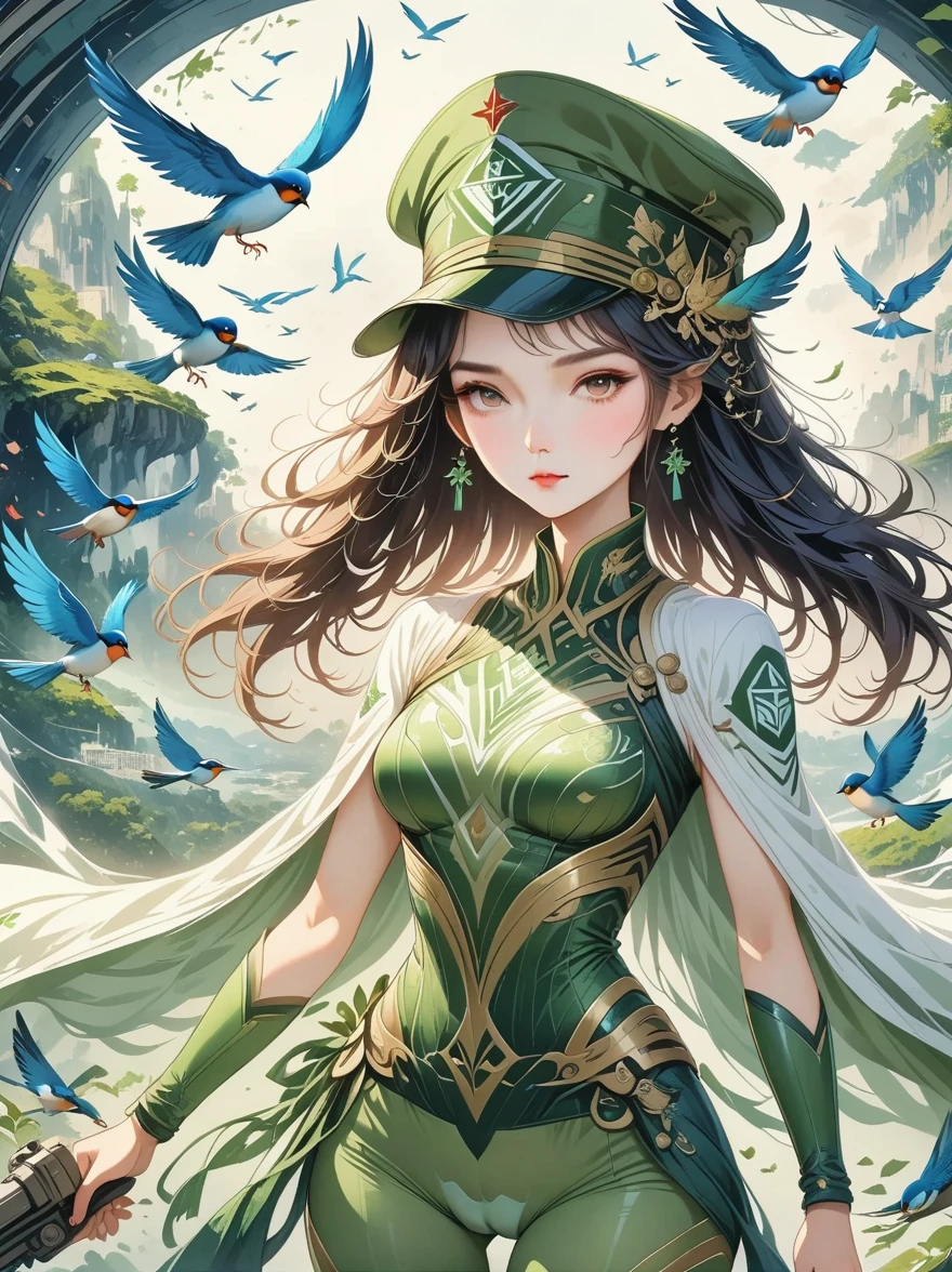 (((high quality work,ultra high resolution,anime style,lifelike))),(A female Earth Federation Army officer is walking around:1.5),(unique:1.5), (Earth Federation Army:1.5),(Wearing a Confederation Hat:1.5),(Cute female image:1.4),(Detailed facial depiction:1.4),(Beautiful hands:1.4),(slender hands:1.2),(wallpaper:1.5),(whole body:1.5),((bird's eye view:1.5)), (( Japanese girl,Clothes that fit)), (spaceship interior, The universe is outside), (((camel toe)))