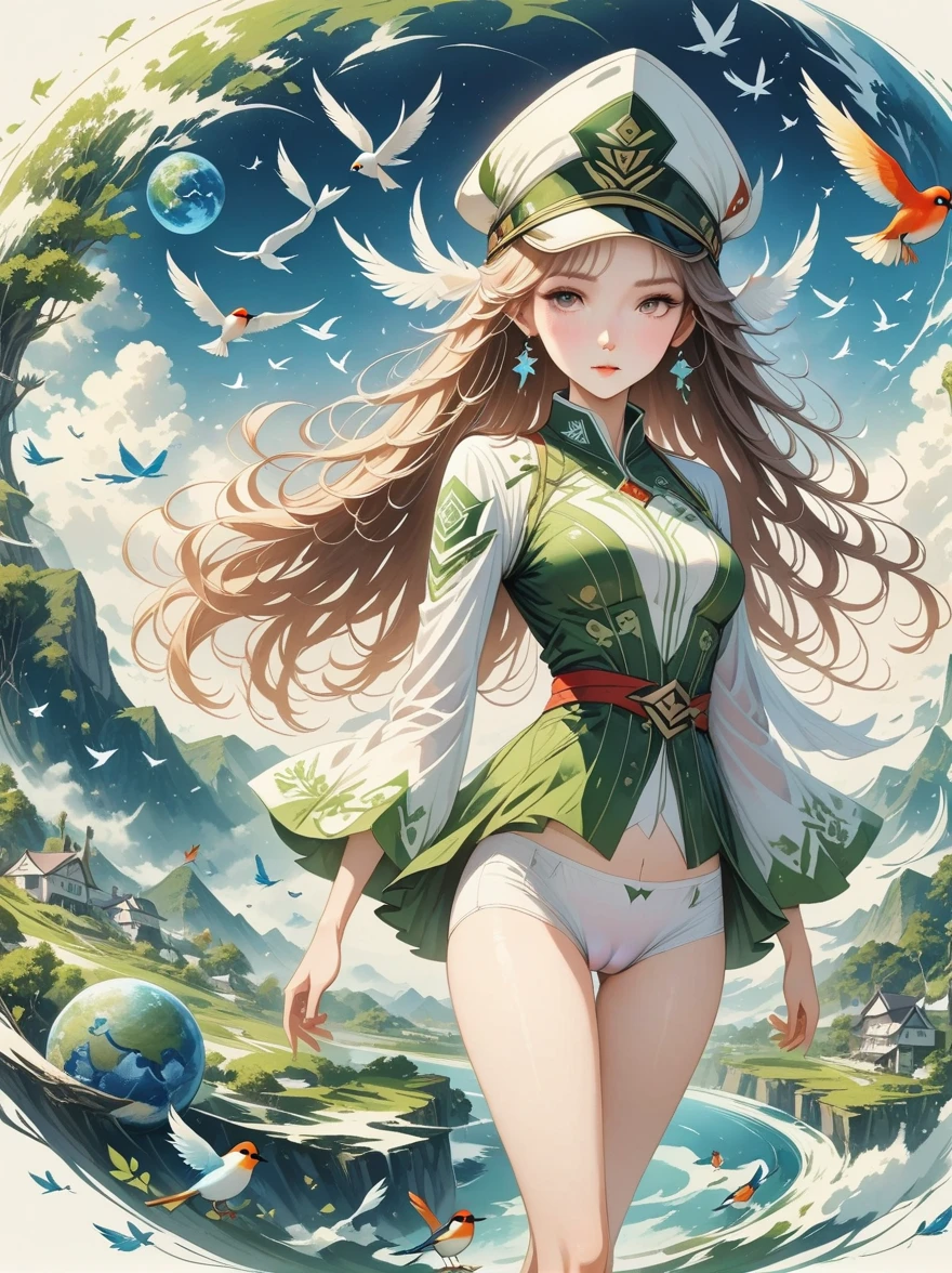 (((high quality work,ultra high resolution,anime style,lifelike))),(A female Earth Federation Army officer is walking around:1.5),(unique:1.5), (Earth Federation Army:1.5),(Wearing a Confederation Hat:1.5),(Cute female image:1.4),(Detailed facial depiction:1.4),(Beautiful hands:1.4),(slender hands:1.2),(wallpaper:1.5),(whole body:1.5),((bird's eye view:1.5)), (( Japanese girl,Clothes that fit)), (spaceship interior, The universe is outside), (((camel toe)))