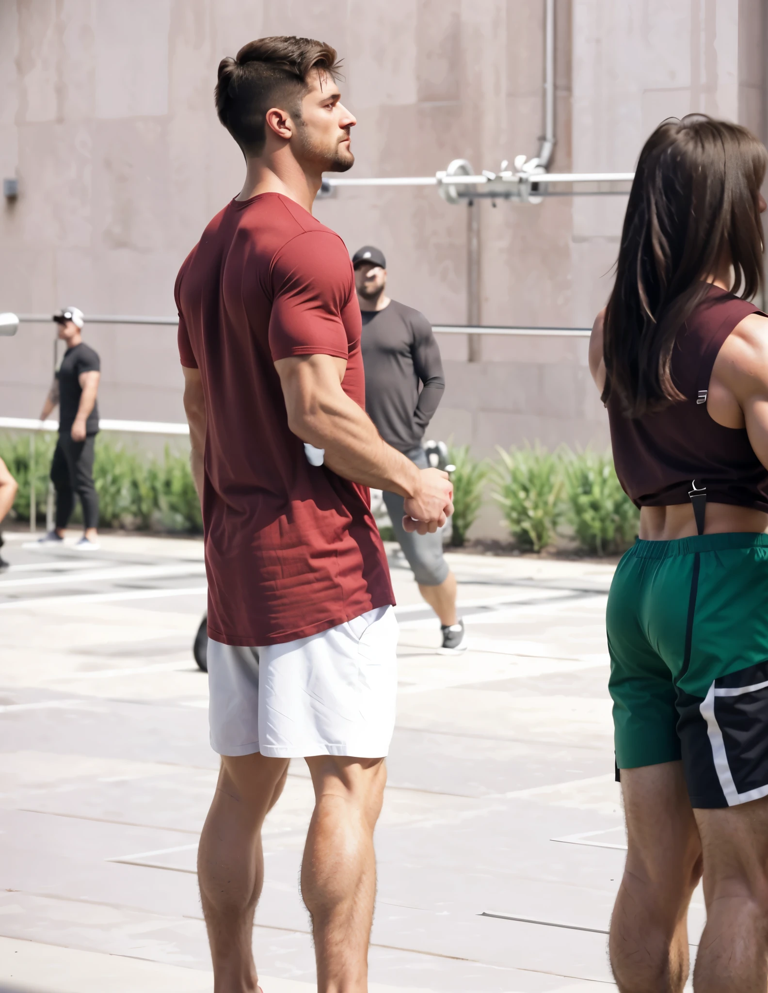 Make the man in a reddish shirt as muscular as possible, big muscles, big juicy hot muscles, giant muscular pectoral muscles that stick out a lot, muscular chest hot and big, very very very big hot muscular chest, big leg muscles, amazing, astonishing bodybuilder physique, greek god and even greater muscular mass and thickness