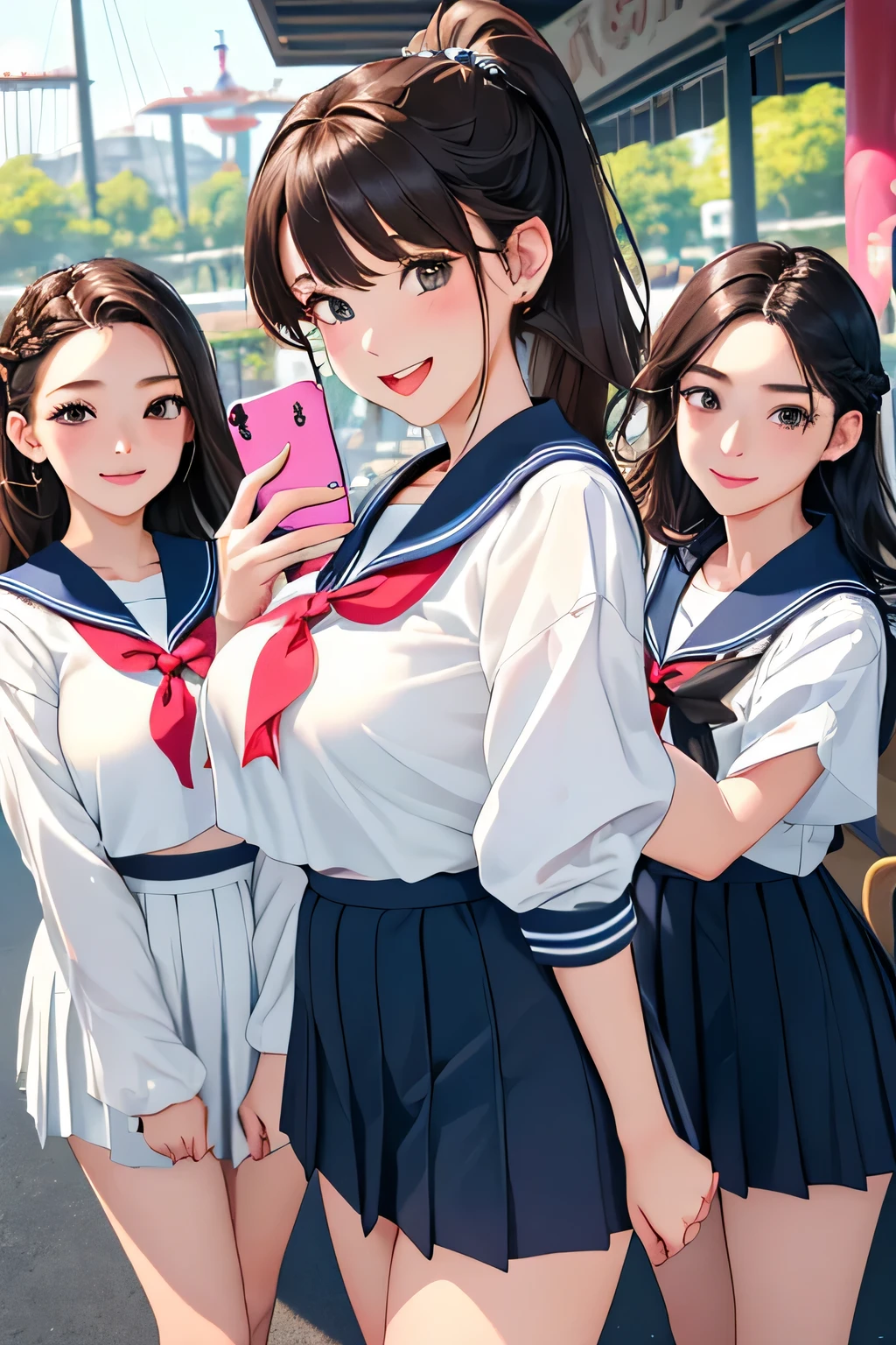 (highest quality、High resolution、detailed background、8K)、(Highly detailed beautiful face:1.4)、beautiful and smooth skin、skin texture、professional lighting、cute age girl、three women、Brown hair or cute hair color、cute braided hairstyles、braided bob、braided ponytail、huge breasts、perfect body line、Theme park、amusement park、(Three beautiful girls are happily taking selfies side by side:1.5)、zoom up、cute color sailor suit、white sailor collar、plaid pleated hort sleeve、white knee high socks、(smile:1.2)、A big smile、open your mouth and laugh、sexual expression、cute