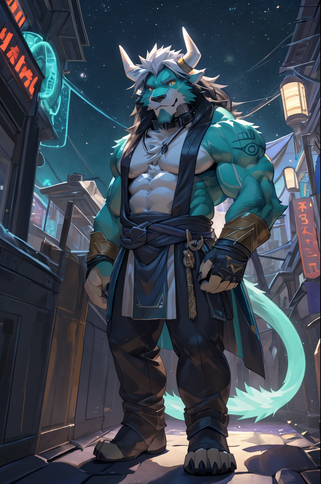 solo, anthro, furry, furry male, Teal lion, teal bull, ((fluffy fur, tall, fluffy, furry body)), (ninja outfit, lion print, bull print), yellow eyes, Bull horns, white horns, white hair, wild long hair,  white hair, bull tail, ((light teal face, moss green body, teal arms, white facial hair)), white sideburns, white long hair, NO black fur, NO black hair,  detailed fluffy fur, detailed face, detailed eyes, pointy ears, no shirt, (huge pectorals:1.1), (fingerless gloves:1.1), full body, wrist beads, hakama pants, gloves, no shirt, collar, full white beard, white beard), cyberpunk street, (by null-ghost,by raccoon21, masterpiece, high quality, hi res,8k HD), standing, close-view portrait, looking at viewer, night, outdoor, 4 fingers,