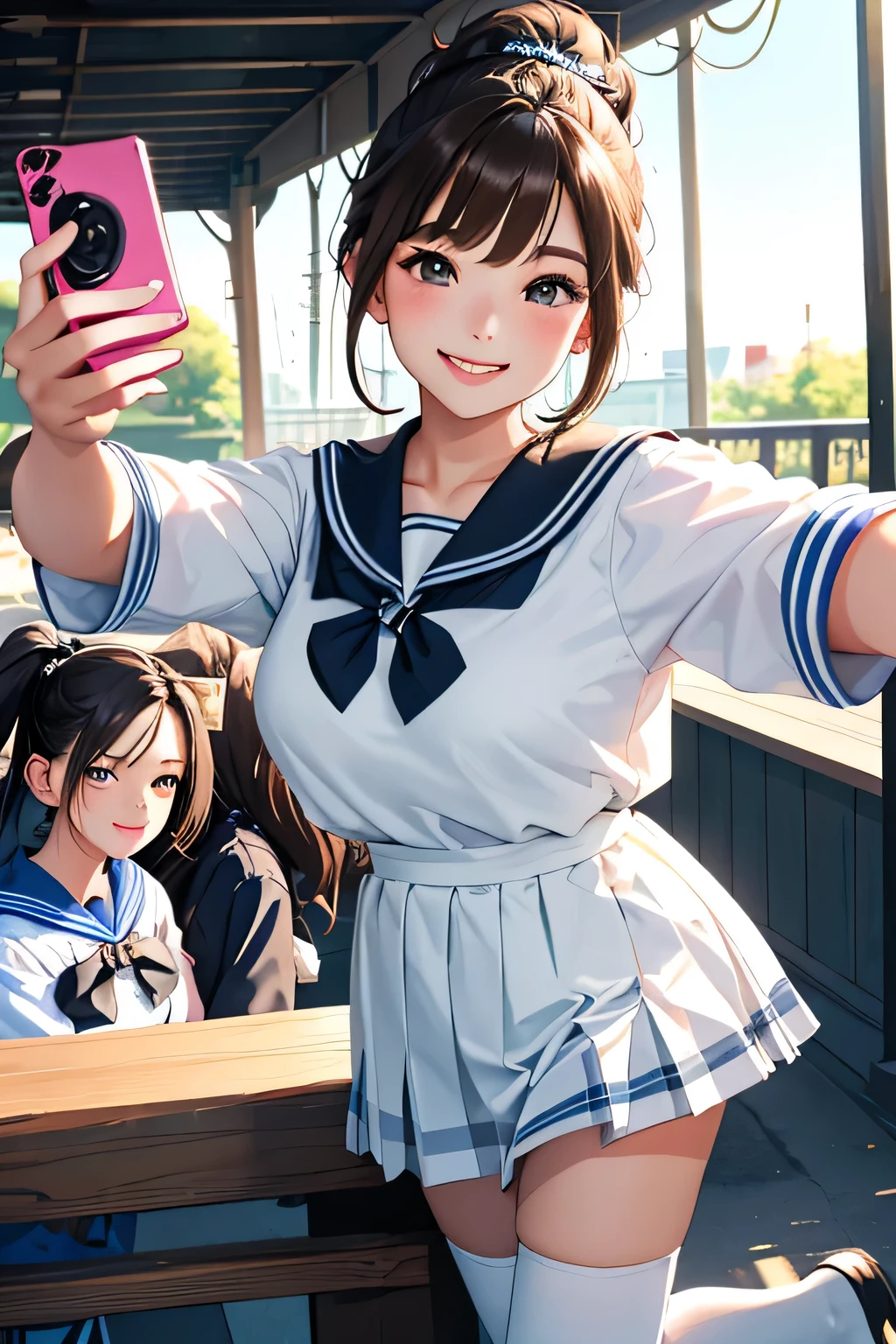 (highest quality、High resolution、detailed background、8K)、(Highly detailed beautiful face:1.4)、beautiful and smooth skin、skin texture、professional lighting、cute age girl、three women、Brown hair or cute hair color、cute braided hairstyles、braided bob、braided ponytail、huge breasts、perfect body line、Theme park、amusement park、(Three beautiful girls are happily taking selfies side by side:1.5)、zoom up、cute color sailor suit、white sailor collar、plaid pleated hort sleeve、white knee high socks、(smile:1.2)、A big smile、cute