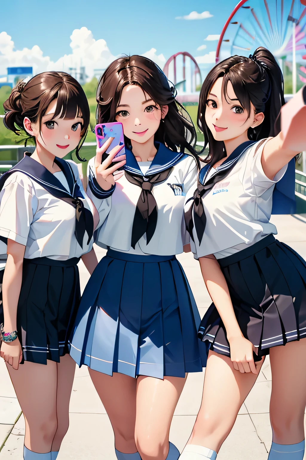 highest quality、High resolution、Detailed Background、(Beautiful face in every detail:1.4)、Anatomically correct、(Hide your fingers:1.3)、(Detailed facial expressions)、(Detailed eyes:1.2)、(Detailed eyes:1.2)、Teenage beauty、(Highly detailed face:1.4)、Black Hair、Brown Hair、well-groomed eyebrows、(Huge breasts:1.1)、Black Hair、Brown Hair、Braided Bob、Braided Ponytail、Perfect body line、cuteJK uniform、Checkered pleated mini skirt、White Stockings、
(Three beautiful girls taking a selfie with a tourist spot in the background:1.5)、
Big Ben、Tower of London、British Museum、Buckingham Palace、cute