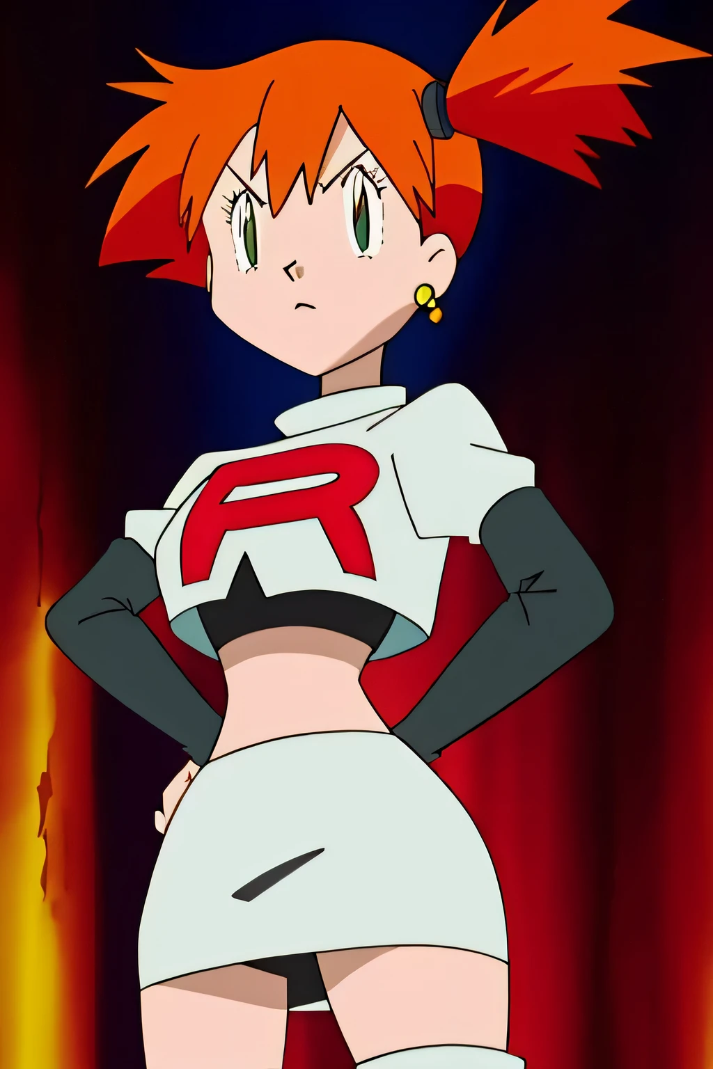 8k, masterpiece,highres,very large breast, team rocket uniform, red letter r, white skirt,white crop top,black thigh-high boots, black elbow gloves, glaring angrily, looking down at viewer, hands on hips, cowboy shot, zettai ryouiki,from below, black panties,anime style, vivid colors, sharp focus, intense lighting,,misty (pokemon), 1girl, solo, side ponytail, orange hair, glossy lips, earings