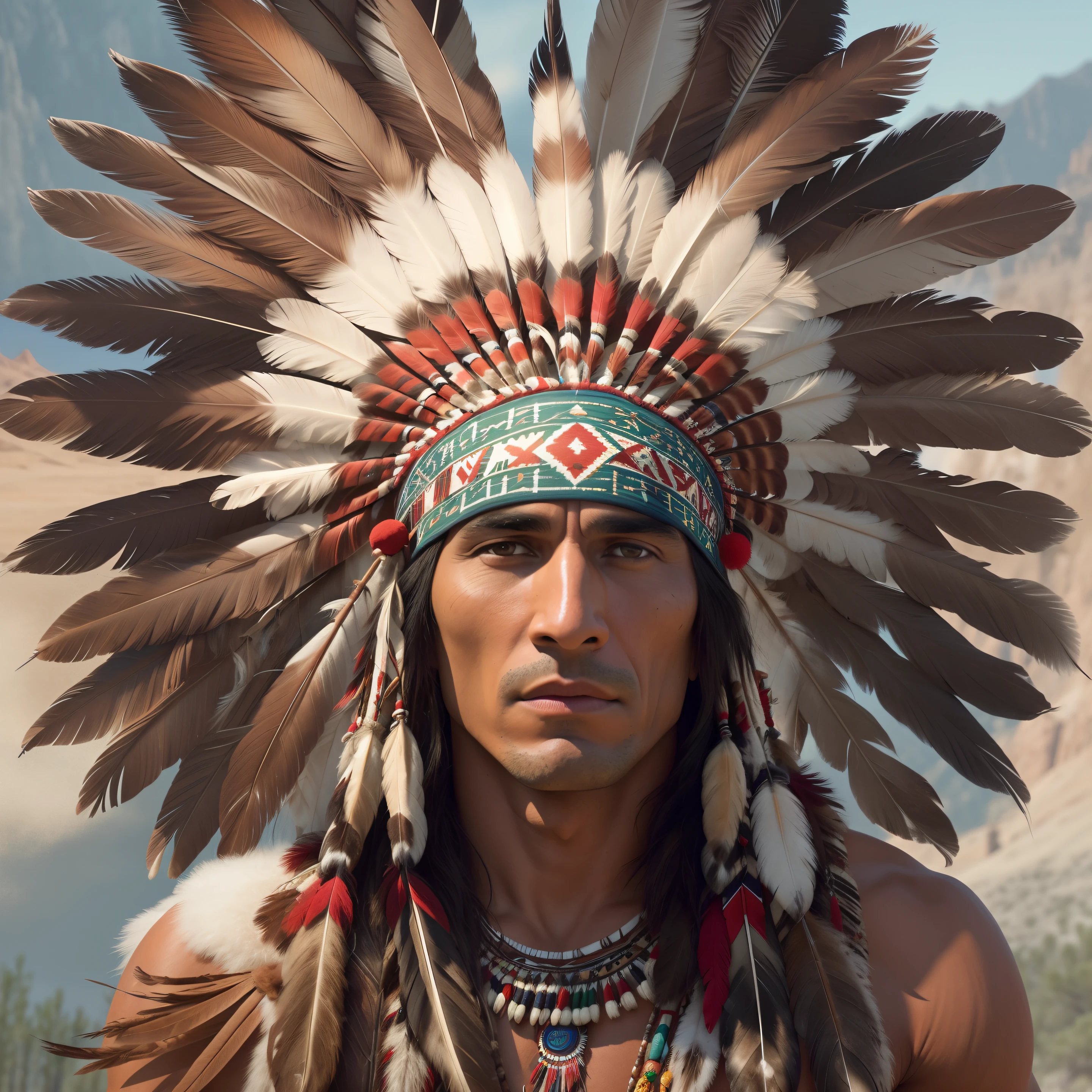 Extremely perfect and humanized hyper-realistic cinematic image of a Native American man with feathers on his head, Indian warrior, Nativo americano, Guerreiro nativo americano, Arte nativa americana, INDIAN, Um guerreiro nativo americano, american indian headdress, nuvem vermelha, Arte nativa, cena de filme hd, eagle feather, cena de filme hd, amazing hyperrealistic image, : native american shamen fantasy, Chapelaria Nativa Americana de Penas, cena de filme estilo DC