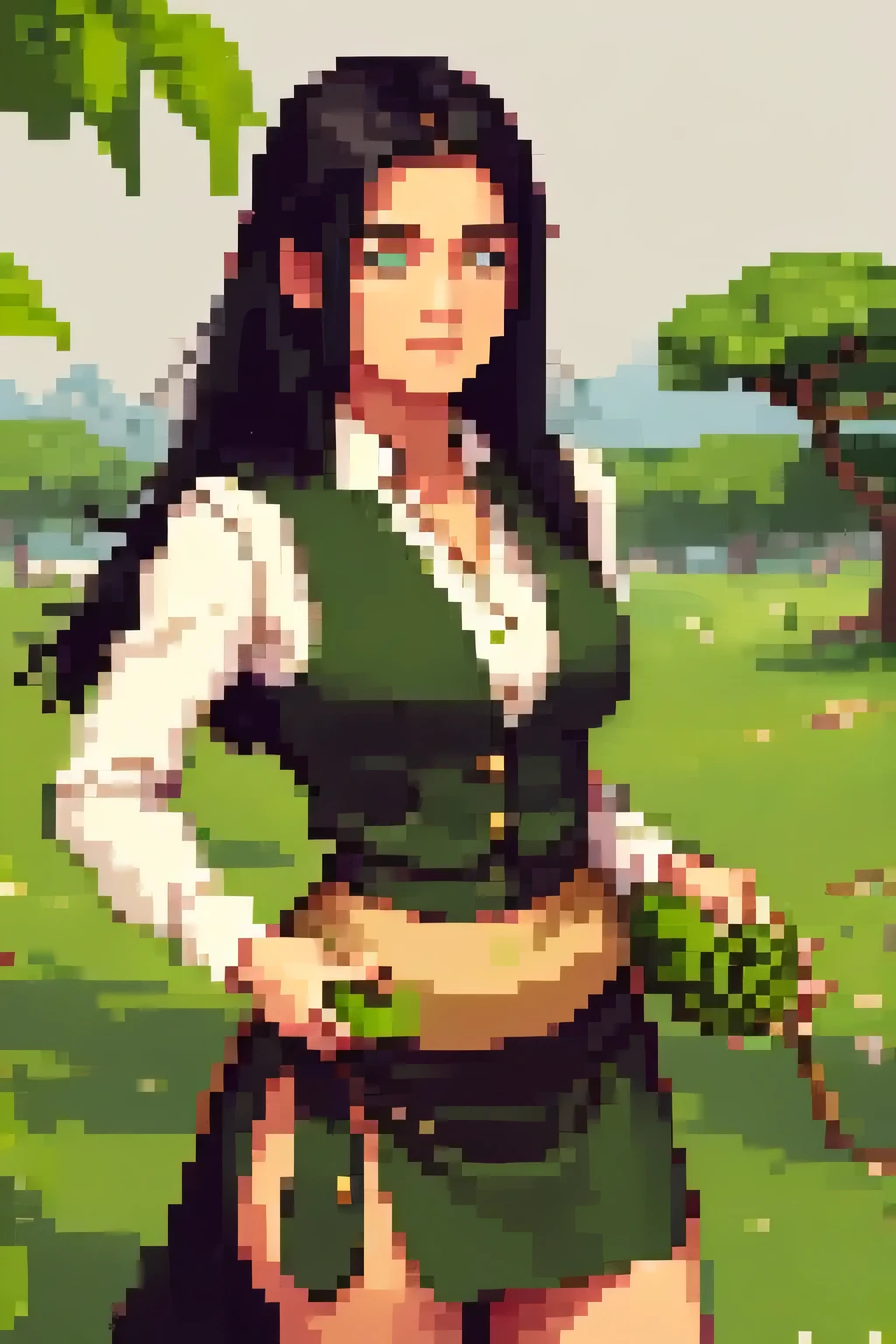 A woman with a big chest, green eyes and long dark black hair is wearing a green vest with buttons, no white shirt and shows a navel, she is wearing a longer, light green skirt, she is carrying a hand blowing leaves. 