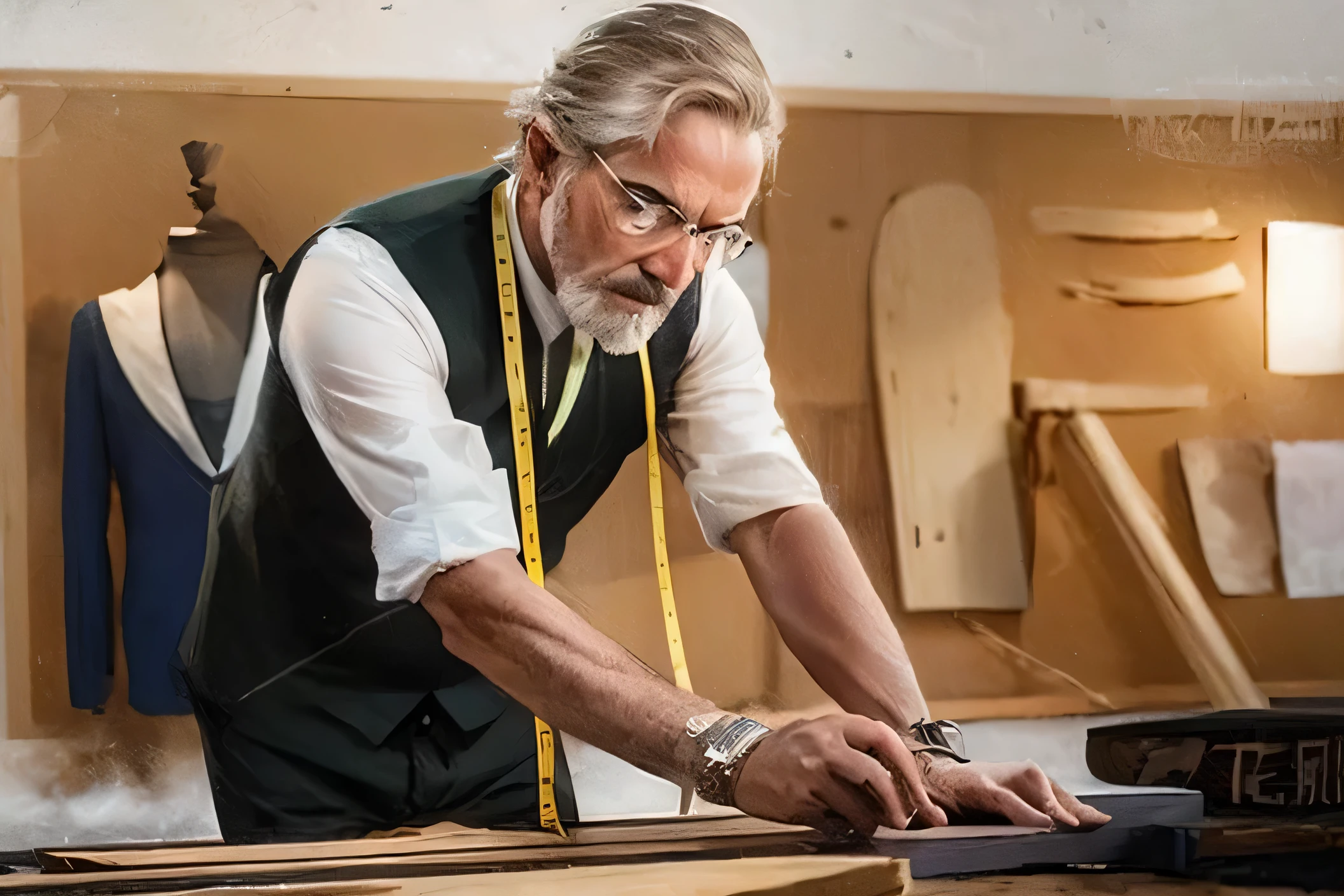 Arafud man measuring a piece of wood with a measuring tape, Customized, The old man is working hard, fashion designer, a carpenter, Craftsmanship, in the workshop, Handsome man, beautiful Craftsmanship, architect, artistic masterpiece, work hard, shoulder forward posture, Bill Reese, small manufacturing, professional work, Handsome, artist, Rutkovsky