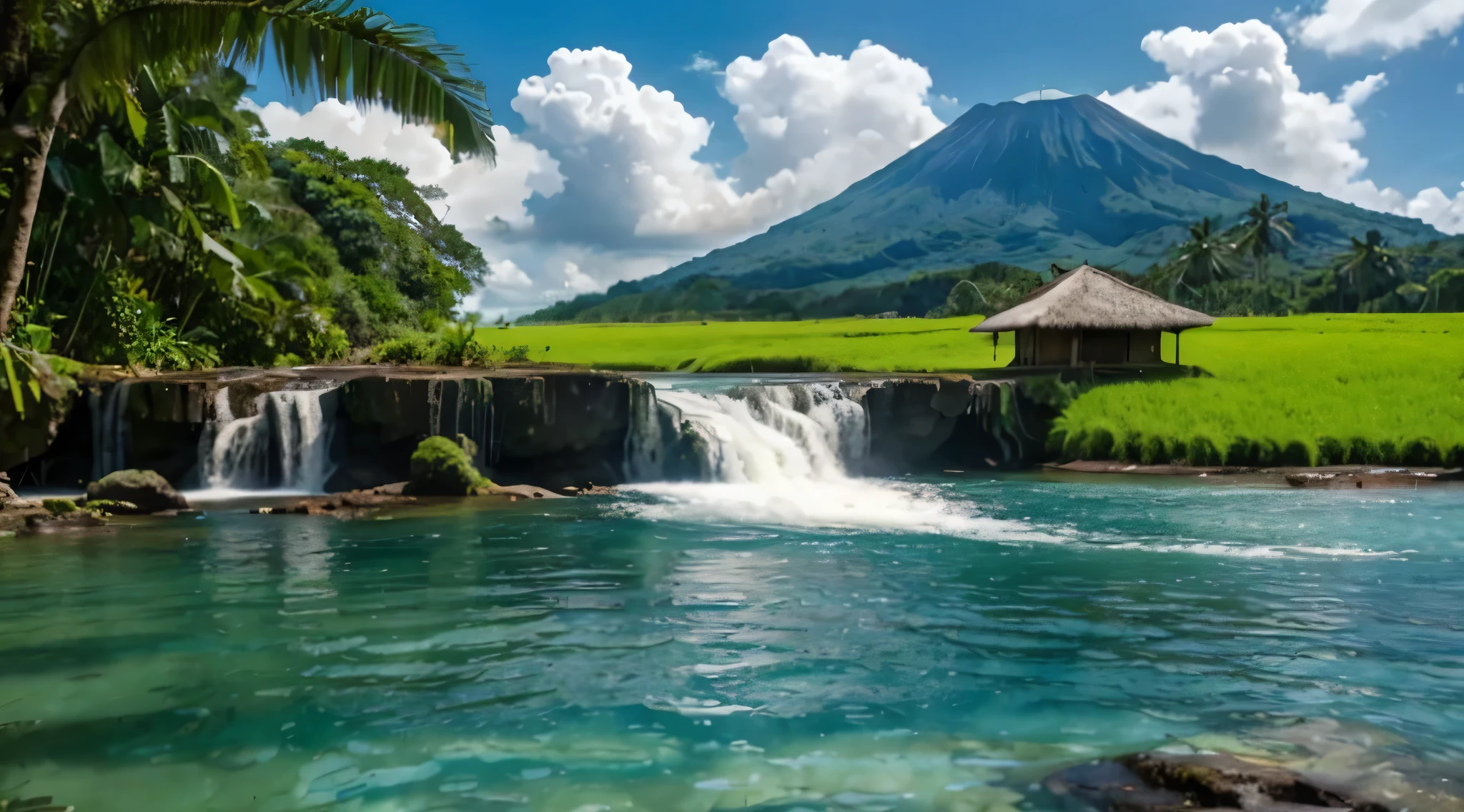 The waterfall flows from between two short cliffs and falls into a clear poolwith clear water and a few natural rocks, there is a  small hut, surrounded by tropical forest plants  such as shady Wood trees, banana trees, a deer is drinking.with a distant backdrop of volcanoes and vast rice fields thick with rice plants, blue sky, bright white clouds, realistic photography.