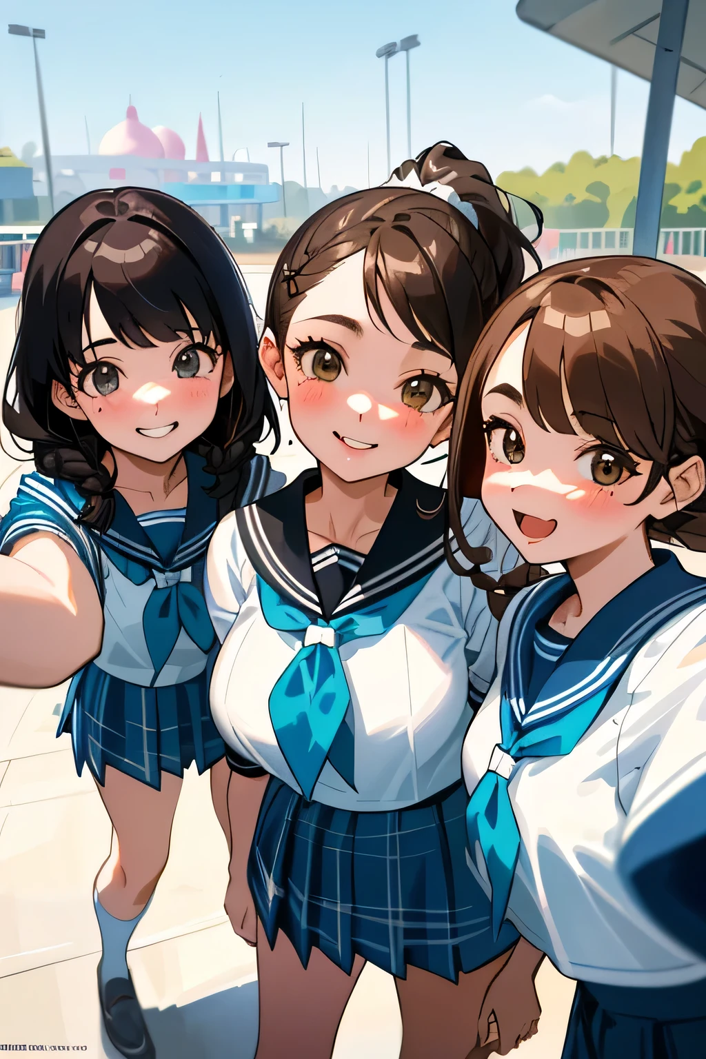 (highest quality、High resolution、detailed background、8K)、(Highly detailed beautiful face:1.4)、beautiful and smooth skin、skin texture、professional lighting、cute teenage girl、three women、Brown hair or cute hair color、cute braided hairstyles、braided bob、braided ponytail、huge breasts、perfect body line、Theme park、amusement park、(Three beautiful girls are happily taking selfies side by side:1.5)、cute color sailor suit、white sailor collar、plaid pleated hort sleeve、white knee high socks、A big smile、cute