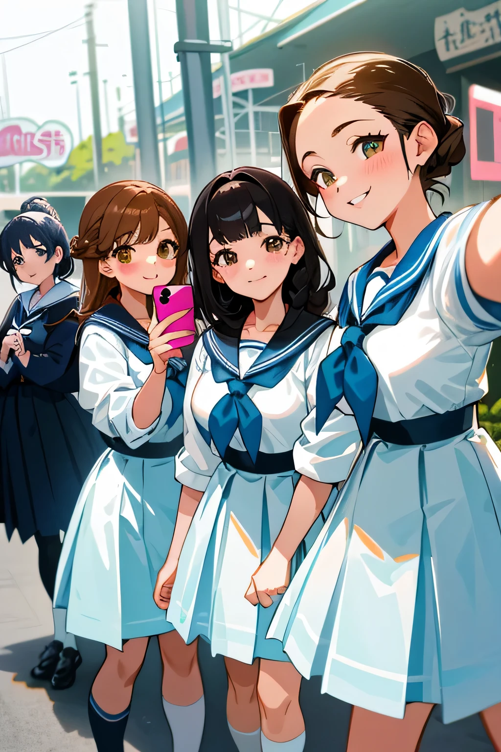 (highest quality、High resolution、detailed background、8K)、(Highly detailed beautiful face:1.4)、beautiful and smooth skin、skin texture、professional lighting、cute teenage girl、three women、Brown hair or cute hair color、cute braided hairstyles、braided bob、braided ponytail、huge breasts、perfect body line、Theme park、amusement park、(Three beautiful girls are happily taking selfies side by side:1.5)、cute color sailor suit、white sailor collar、plaid pleated hort sleeve、white knee high socks、A big smile、cute