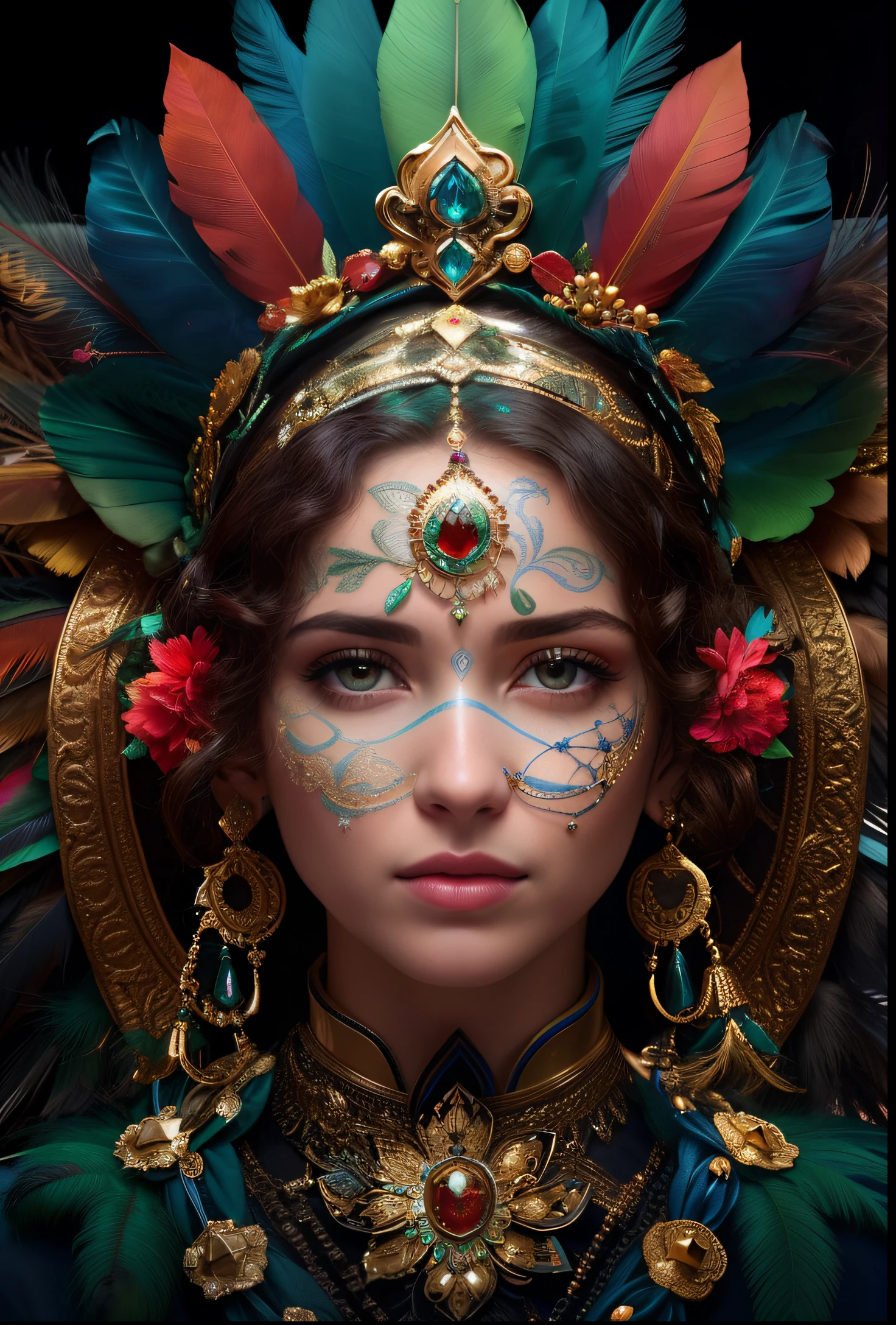 Extremely perfect cinematic hyperrealistic image of a woman with a colorful face and feathers on her head, Retrato da princesa asteca, belo rosto intrincado, intrincados rostos bonitos, Deusa guerreira asteca, intrincado rosto detalhado, rosto intrincado, Rainha asteca, rosto perfeito!! intrincado, cheio de cores e detalhes ricos, Rosto detalhado ), Imperatriz Asteca, lindo rosto detalhado, pinturas tribais do rosto, arte digital de detalhes surpreendentes, intrincada pintura digital, 16k, highes definition, rosto detalhado, rosto detalhado, olhos detalhados, terno detalhado, estilo DC, hiper-realista, + Cinematographic shot + dynamic compositing, incrivelmente detalhado, nitidez, detalhes + detalhes soberbos + noite com luz + perfeccionismo + realismo premiado ((soft-lighting))