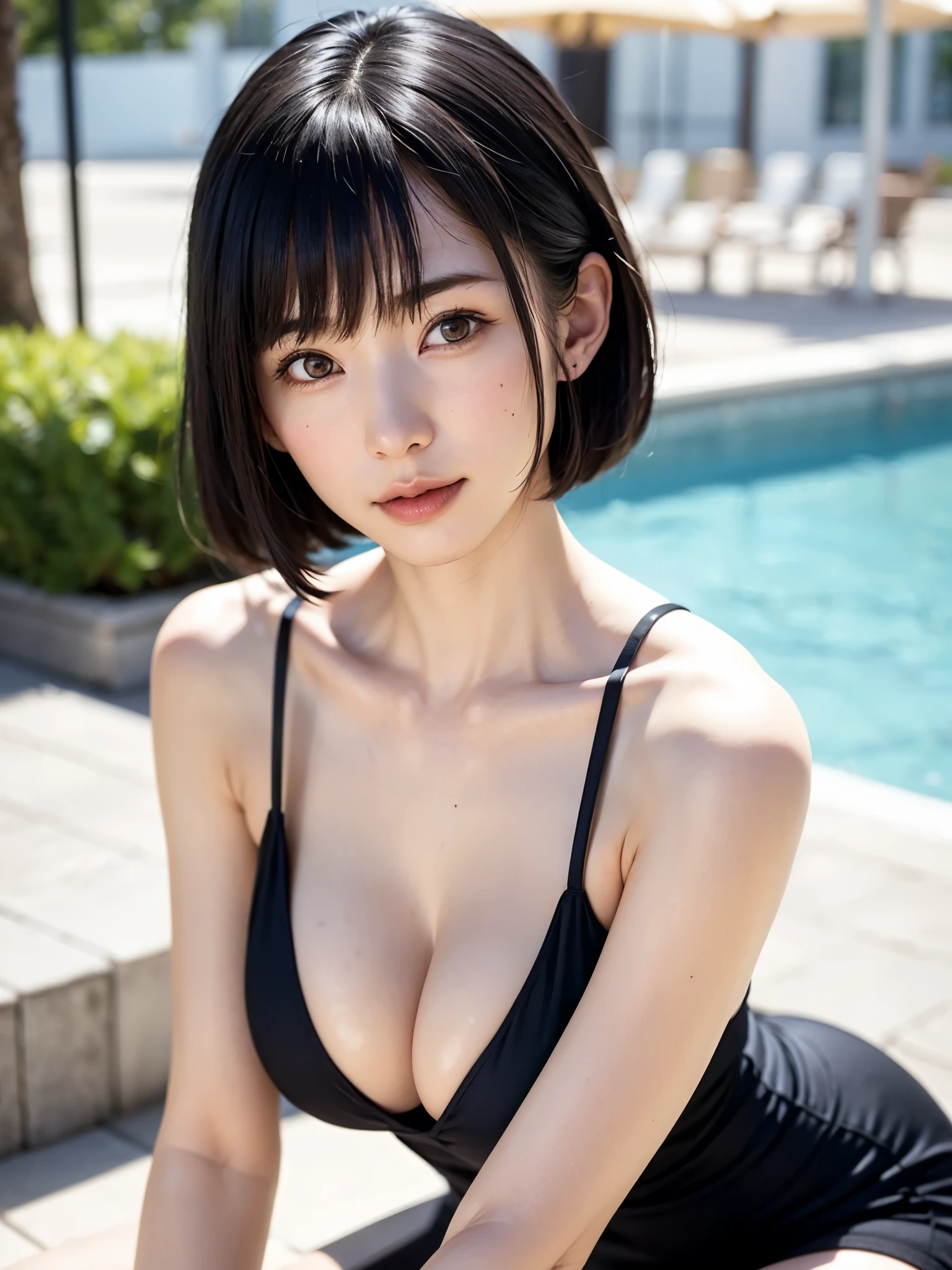 1 girl、highest quality、realistic、alone、written boundary depth、natural soft light、daytime、Charm、beautiful face、cleanliness、pure face、white skin、cute、short hair、bangs、beach、Light of the sun、Nedium Breast Body Esbian、((セーター黄金比のbeautiful face 対称性のあるbeautiful face))、long neck、please show me your ears、bangsのあるきれいな短いボブヘア、smile with your mouth closed、perfect hands指、perfect hands、perfect body、perfect face、shine a light on your eyes、perfect anatomy:1.4、とてもcuteスーパーモデル:1.4、{huge|big|hugeな|mega} chest:2, cleavage:2