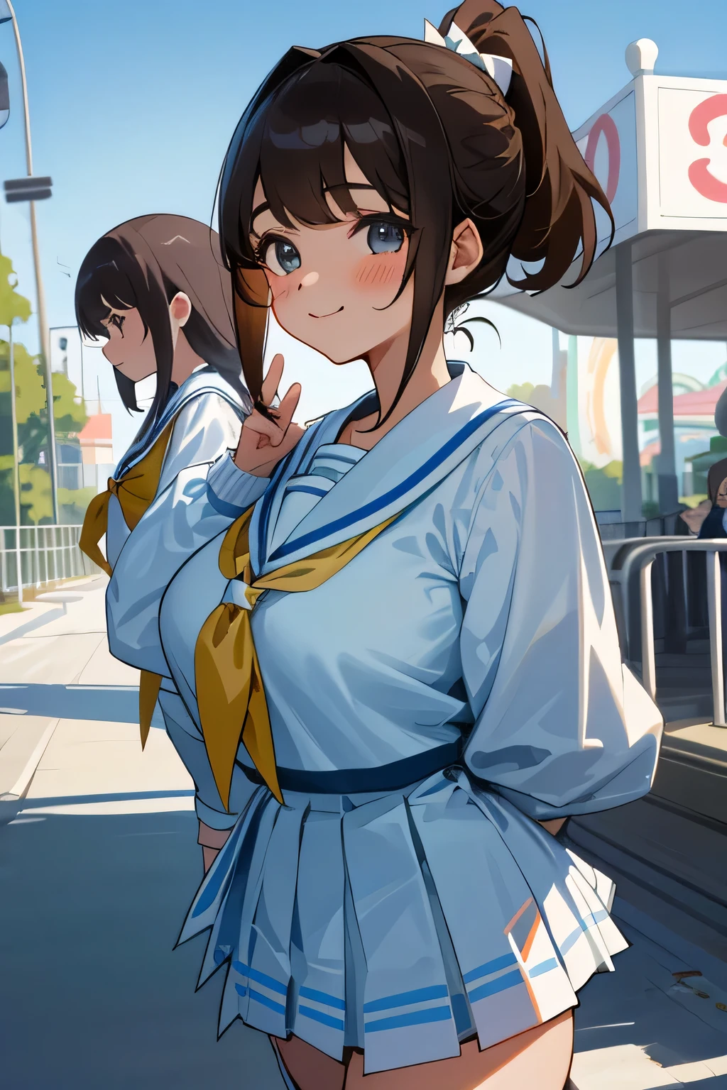 (highest quality、High resolution、detailed background、8K)、(Highly detailed beautiful face:1.4)、beautiful and smooth skin、skin texture、professional lighting、cute teenage girl、three women、Brown hair or cute hair color、cute braided hairstyles、braided bob、braided ponytail、huge breasts、perfect body line、Theme park、amusement park、Three beautiful girls are walking happily、cute color sailor suit、white sailor collar、plaid pleated hort sleeve、white knee high socks、A big smile、cute