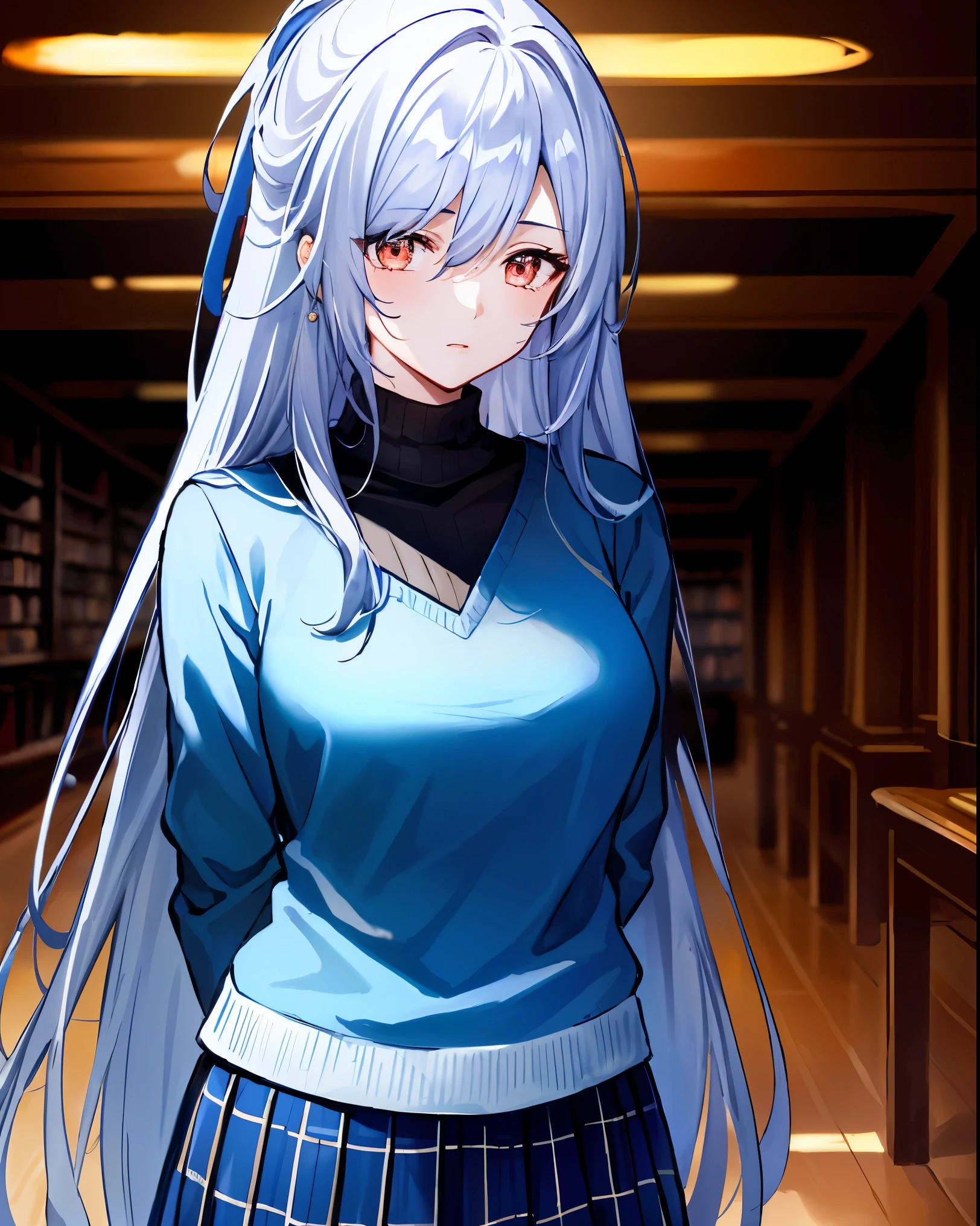 score_8_up, score_7_up, source_anime, 1girl, jingliu \(honkai: star rail\), long white hair with light blue tips,
BREAK (white long-sleeved sweater and a blue plaid skirt:1.2)
BREAK （super detailed），（beautiful eyes beautiful details eyes，Clean and delicate face），whole body，Standing posture,arms behind back,
BREAK indoors, library,
BREAK (masterpiece:1.2), best quality, high resolution, unity 8k wallpaper,NSFW ,(illustration:0.8), extremely detailed face, perfect lighting, extremely detailed CG, (perfect hands, perfect anatomy),