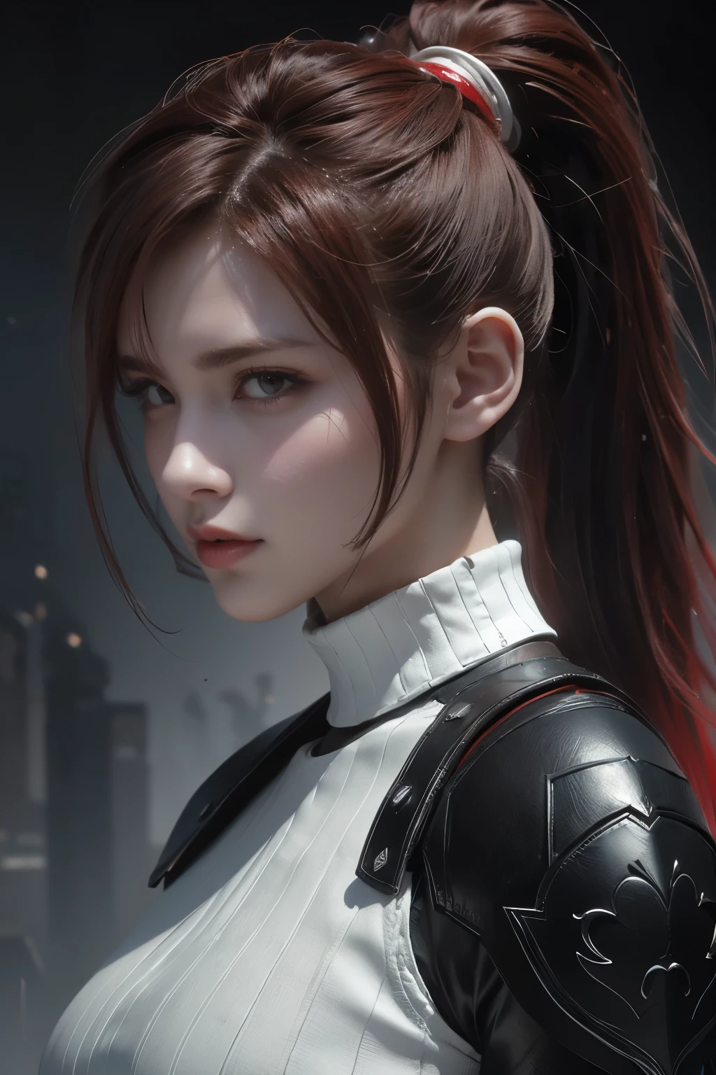 tmasterpiece，Best quality at best，A high resolution，8K，((Portrait))，(Head close-up)，Original photo，real photograph，digital photography，(Female adventurers in the medieval fantasy style)，(Fantasy-style bodysuit assassin)，-yeld gi(Hair gradients of black and red)，White ponytail hair，Red eyes，(Red and white gradient ponytail，The white)，(Big breasts)，An extravagant ornament，cparted lips，Keep your mouth shuegant and charming，((Frown))，Serious and arrogant，Calm and handsome，(Medieval fantasy leather armor，Joint Armor，Archer costume，A delicate pattern)，((A slender figure))，Photo pose，medieval characteredieval fantasy style，City background at night，oc render reflection texture