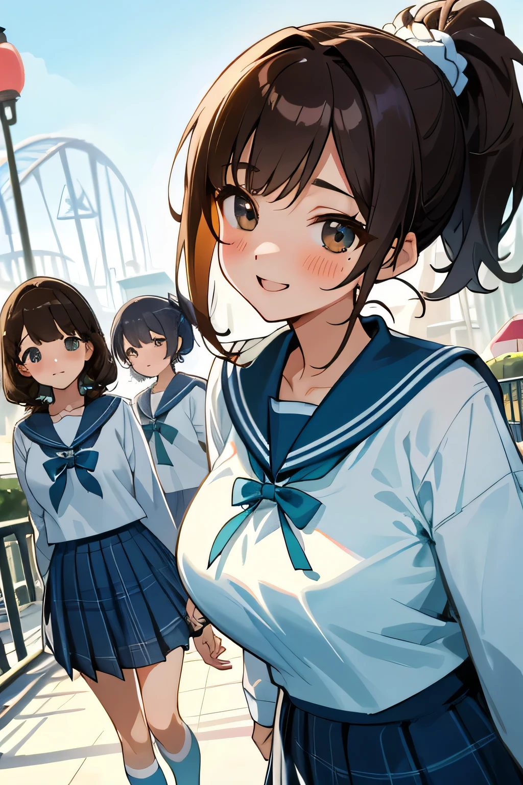 (highest quality、High resolution、detailed background、8K)、(Highly detailed beautiful face:1.4)、beautiful and smooth skin、skin texture、professional lighting、cute teenage girl、three women、Brown hair or cute hair color、cute braided hairstyles、braided bob、braided ponytail、huge breasts、perfect body line、Theme park、amusement park、Three beautiful girls are walking happily、cute color sailor suit、white sailor collar、plaid pleated hort sleeve、white knee high socks、A big smile、cute