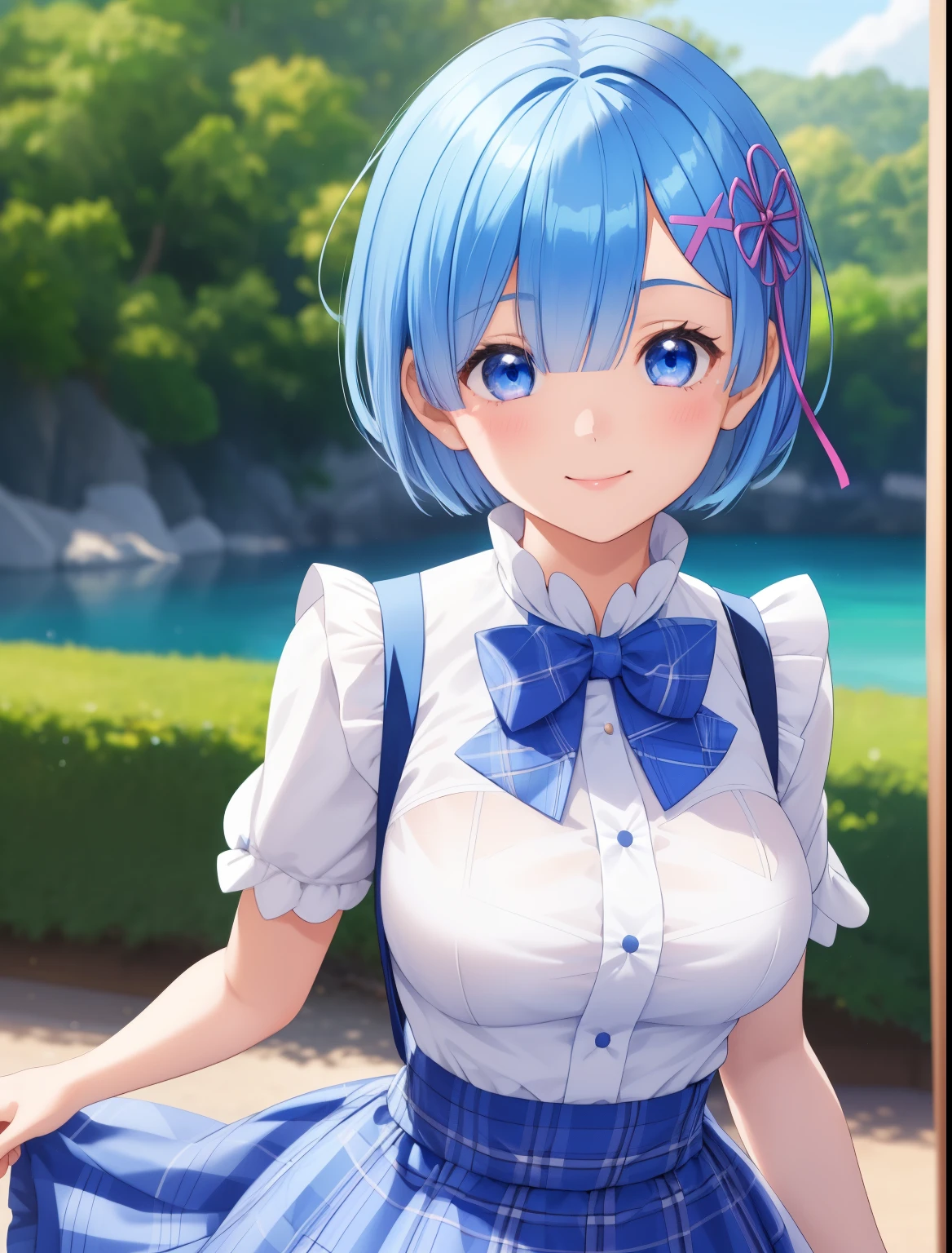 1girl, rem re zero,Short hair, Walk, smile,look at viewer,blue hair, blue eyes, Short white shirt, blue plaid skirt, blue bow tie,close up photo,ultra detail, ultra hd