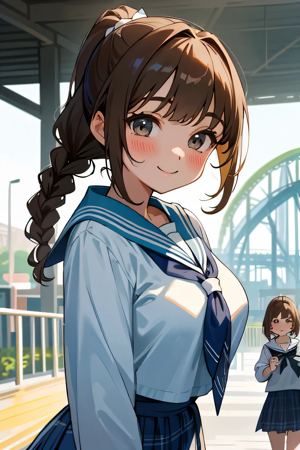 (highest quality、High resolution、detailed background、8K)、(Highly detailed beautiful face:1.4)、beautiful and smooth skin、skin texture、professional lighting、cute age girl、three women、Brown hair or cute hair color、cute braided hairstyles、braided bob、braided ponytail、huge breasts、perfect body line、Theme park、amusement park、Three beautiful girls are walking happily、cute color sailor suit、white sailor collar、plaid pleated hort sleeve、white knee high socks、A big smile、cute