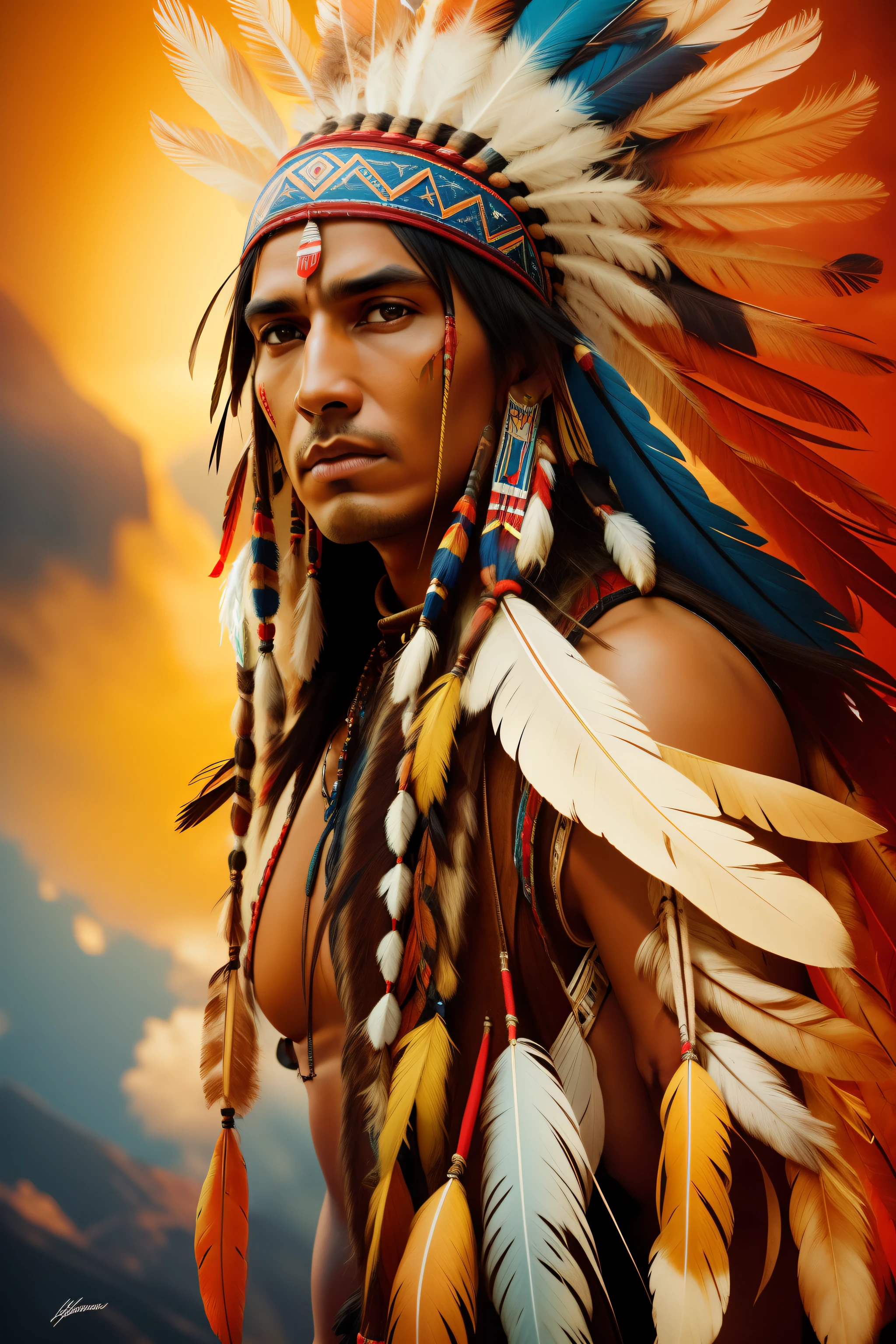 Hyperrealistic cinematic image of a native Indian with feathers on his head, Arte nativa americana, Indian warrior, Nativo americano, Guerreiro nativo americano, Arte nativa, Um guerreiro nativo americano, indigenous man, eagle feather, Guerreiro habilidoso do Apache, warrior spirit, american indian headdress, indigenous art, : native american shamen fantasy, Indigenous, native american folk art, Arte indiana fotografiarrealista, fotografia, obra-prima, realista, Realismo, renderizado, Alto contraste, digital art photographyrealistic trend in Artstation 8k HD high definition detailed realistic, detalhado, textura da pele, hiper detalhado, textura de pele realista, armadura, melhor qualidade, ultra high-resolution, (fotografiarrealista: 1.4), high resolution, detalhado, Calado bruto, sharp re, por lee jeffries Nikon D850 Filme Fotografia de Stock 4 Kodak Portra 400 Lente F1.6 Rich Colors Realistic Texture Dramatic Texture Dramatic Lighting Irrealengine Trend on Artstation Cinestill 800