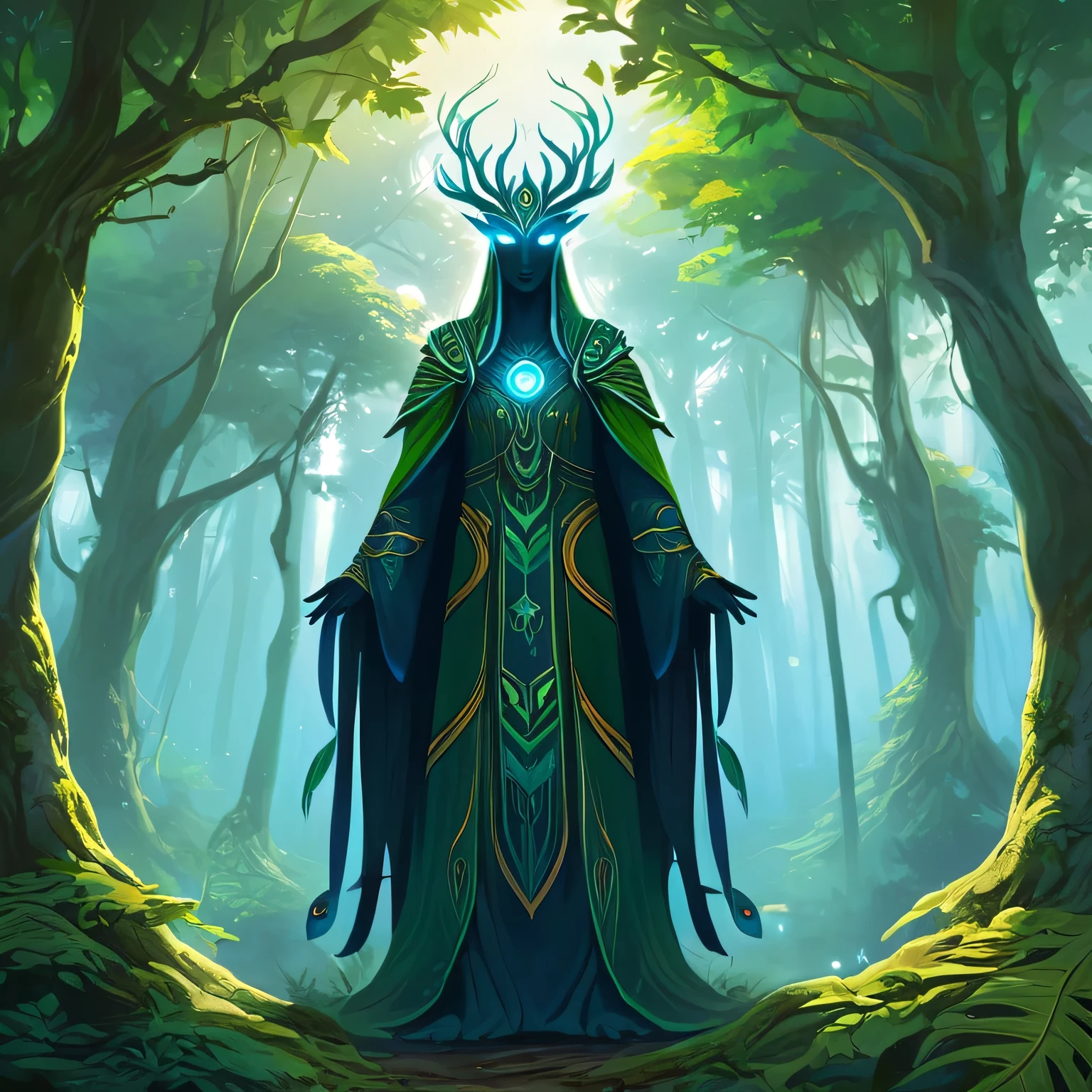 Guardians of Eldoria: Illustrate the wise guardians of Eldoria, ancient spirits with ethereal forms and glowing eyes, standing tall beneath the canopy of the forest as they watch over the kingdom.