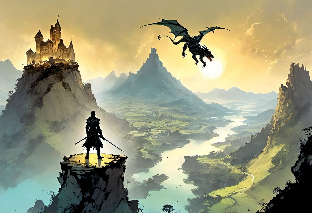 Super multi-exposure digital painting featuring flying hex dice over a double-exposed landscape, incorporating mountains, a castle, a distant dragon, and three heroes on the road, capturing the essence of a gerald brom and benedick bana sketch, dice crisply detailed, background elements consisting of chiaroscuro mountains, shadow-draped castle atop a hill, elusive dragon casting a fleeting shadow in the sky, heroes detailed in gentle stride