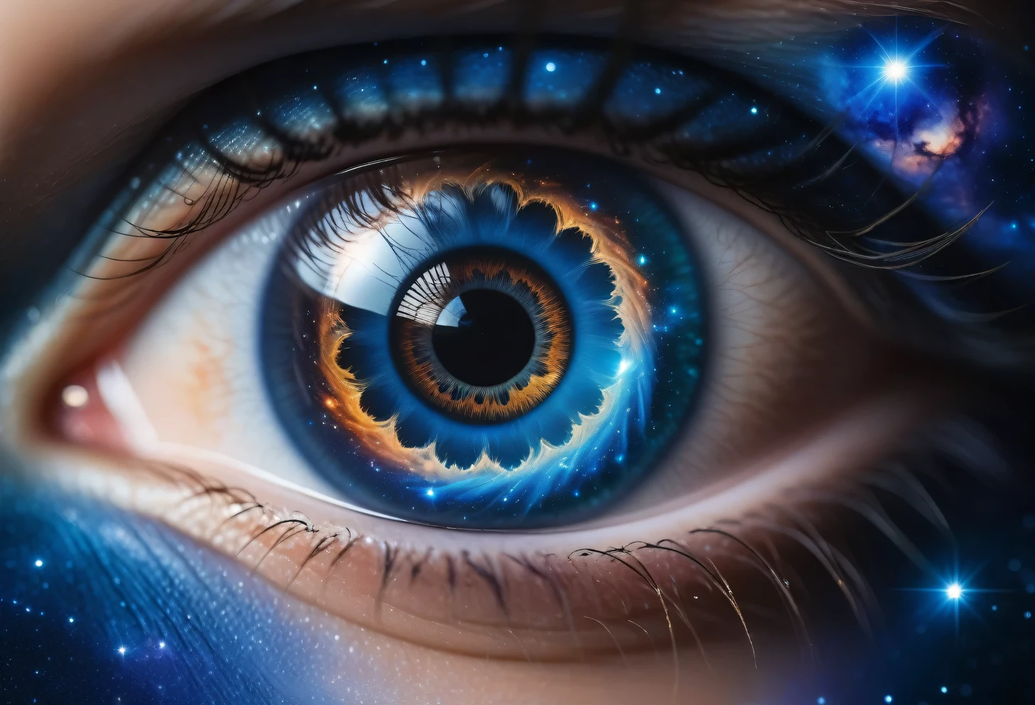 Modern digital art Imitation of photography, double exposure effect, image overlay, Close-up eye shot where instead of a pupil there is a blue planet and instead of a protein there is outer space, the ideal texture of the iris combines a pupil and a blue planet, capillaries on the protein form nebulae of space and star clusters, smooth combination of elements of the eye and outer space, smoothing transitions and textures, perfect skin texture, natural shine, visible reflection of the environment, objects in the reflection, Canon EOS 5D Mark IV with EF 24-105mm f/4L IS II USM lens, (double exposure):1.5345