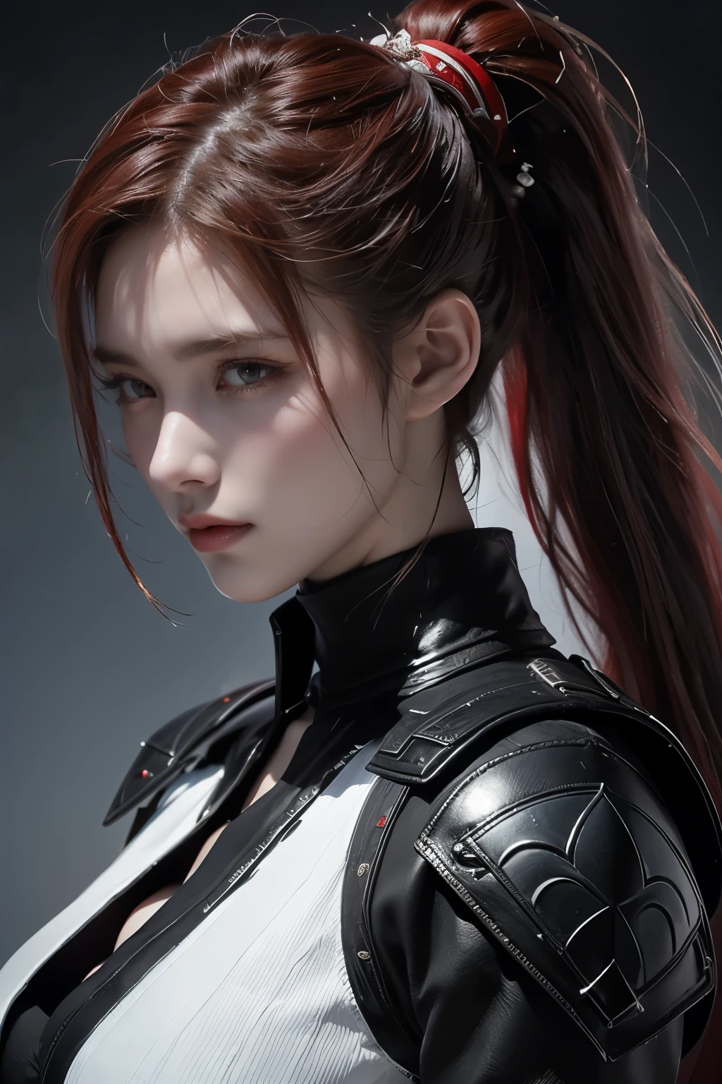 tmasterpiece,Best quality at best,A high resolution,8K,((Portrait)),(Head close-up),Original photo,real photograph,digital photography,(Female adventurers in the medieval fantasy style),(Fantasy-style bodysuit assassin),,(Hair gradients of black and red),White ponytail hair,Red eyes,(Red and white gradient ponytail,The white),(Big breasts),An extravagant ornament,cparted lips,Keep your mouth shuegant and charming,((Frown)),Serious and arrogant,Calm and handsome,(Medieval fantasy leather armor,Joint Armor,Archer costume,A delicate pattern),((A slender figure)),Photo pose,medieval characteredieval fantasy style,City background at night,oc render reflection texture
