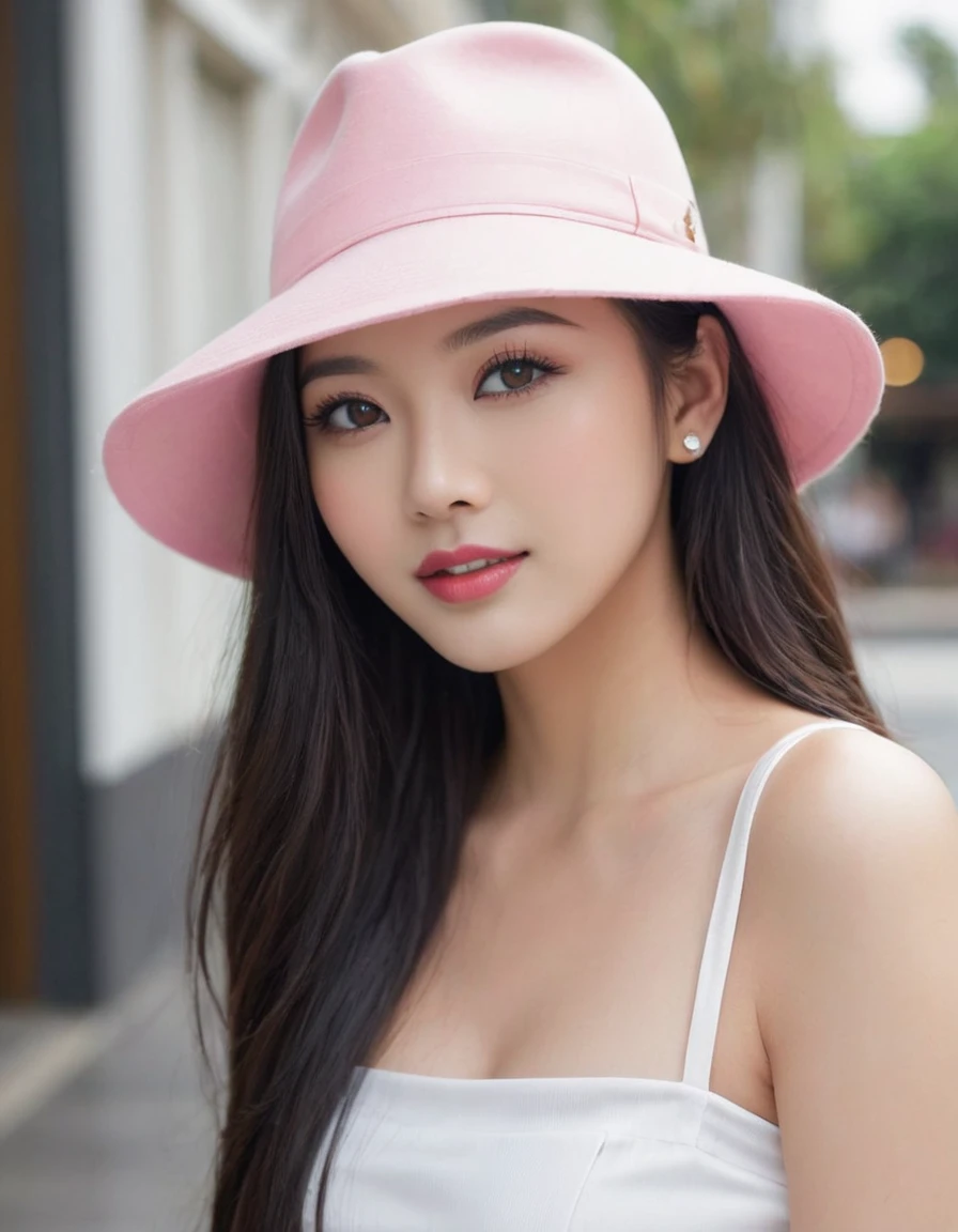 {"shot":"close-up","gender":"female, woman","ethnicity":"asian malay girl","hair":{"type":"long","texture":"straight","color":"shine black"},"face":{"shape":"rounded","description":"beautiful face","eyes":{"color":"black eyes","description":"beautiful eyes","makeup":"eyeliner"},"nose":"big nose","mouth":{"description":"beautiful lips","state":"close mouth with smile","color":"pink lips"}},"settings": "wear flowerly __color__ hat walking in mall"}