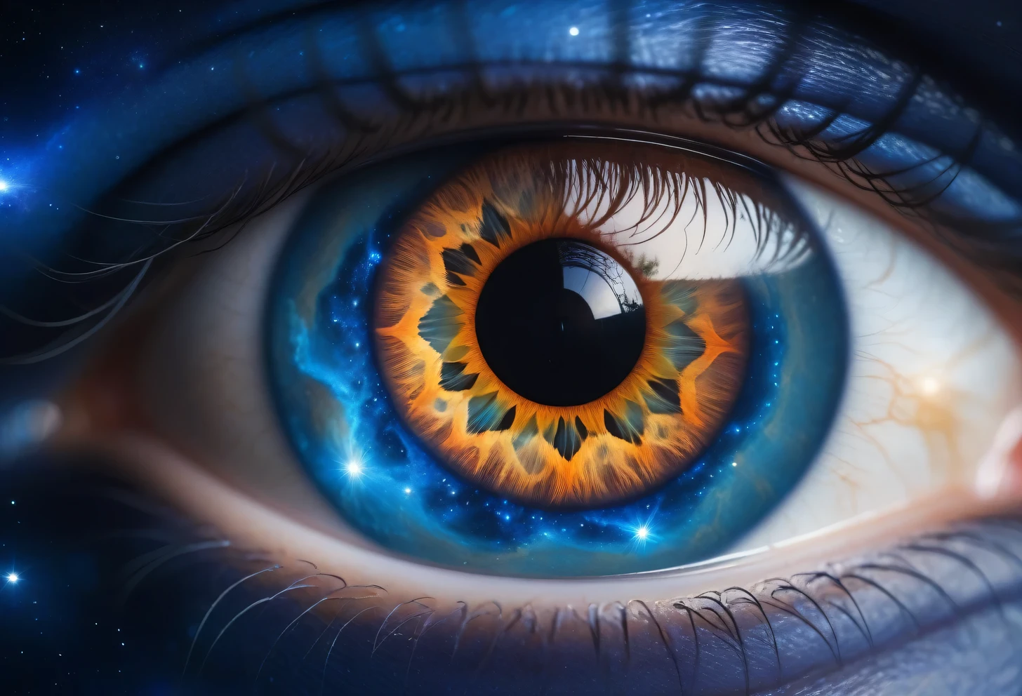 Modern digital art Imitation of photography, double exposure effect, image overlay, Close-up eye shot where instead of a pupil there is a blue planet and instead of a protein there is outer space, the ideal texture of the iris combines a pupil and a blue planet, capillaries on the protein form nebulae of space and star clusters, ideal skin texture, natural shine, reflection is visible photographer, The photographer in the reflection, Canon EOS 5D Mark IV with EF 24-105mm f/4L IS II USM Lens