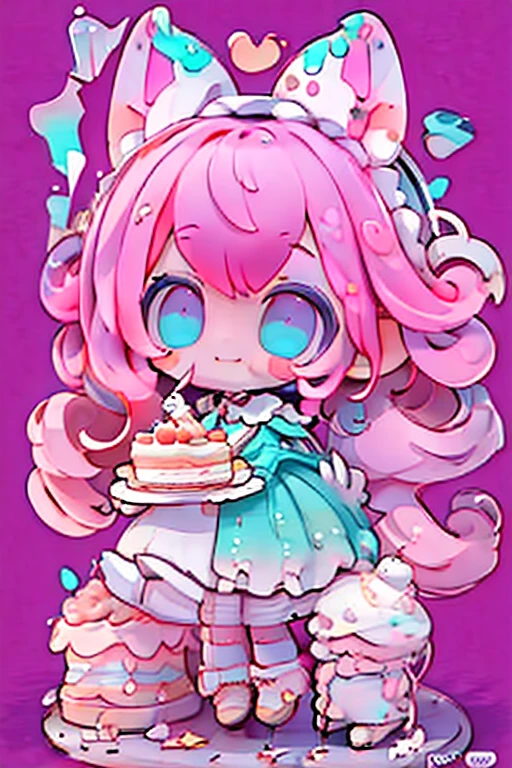 #Quality(8k,best quality,masterpiece,cinematic),solo, #1 girl(cute, kawaii,small kid,pink hair,blue eyes,wearing alice dress,mouce ear,big eyes,smile,eating cake),#background(simple,cute,heart marks)