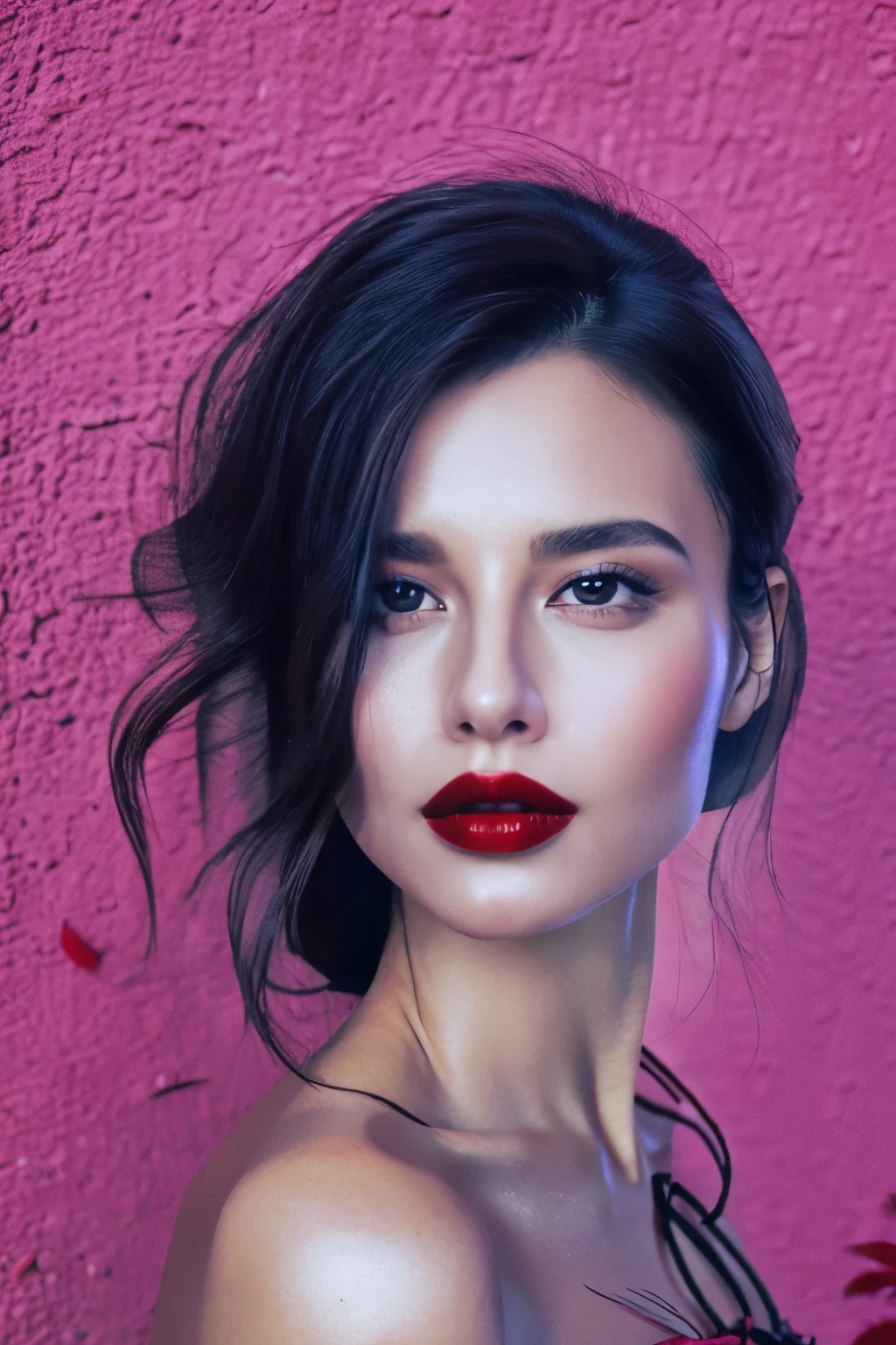 arafed woman with long hair and red lipstick posing for a picture, ekaterina, profile image, red lips, professional picture, 30 years old woman, 3 0 years old woman, angiewolf, photo of jessica devic, professional profile picture, moleksandra shchaslyva, with straight black hair, drops of blood from her mouth