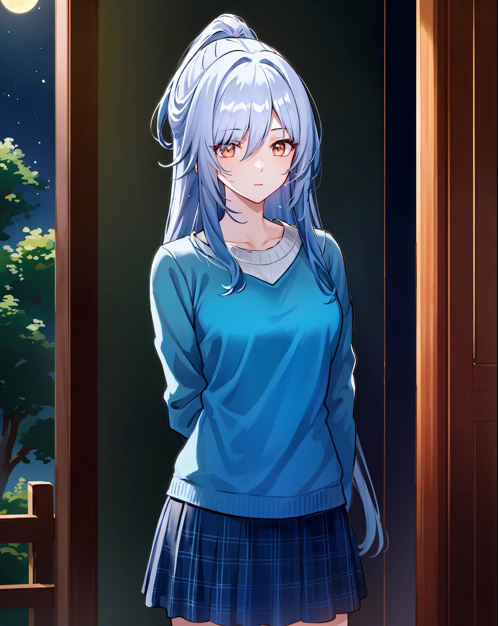 score_8_up, score_7_up, source_anime, 1girl, jingliu \(honkai: star rail\), long white hair with light blue tips,
BREAK (white long-sleeved sweater and a blue plaid skirt:1.2)
BREAK （super detailed），（beautiful eyes beautiful details eyes，Clean and delicate face），whole body，Standing posture,arms behind back,
BREAK night, crystal, floating hair, full moon, cloud, backlighting, depth of field,
BREAK (masterpiece:1.2), best quality, high resolution, unity 8k wallpaper,NSFW ,(illustration:0.8), extremely detailed face, perfect lighting, extremely detailed CG, (perfect hands, perfect anatomy),