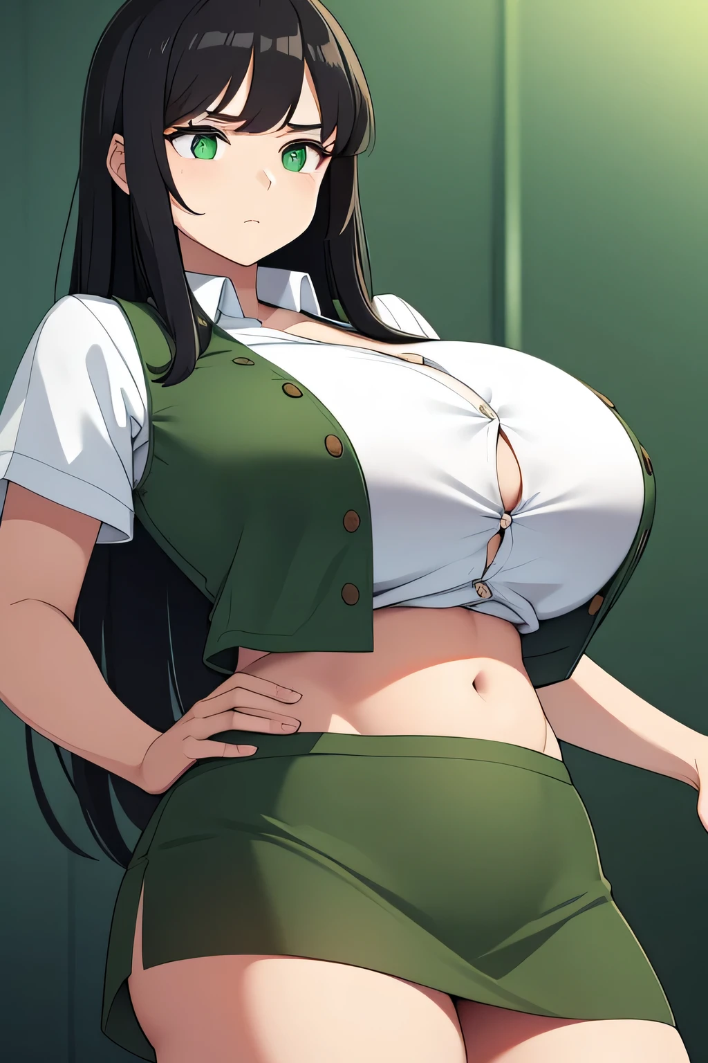 A woman with big breasts, green eyes and long dark black hair, wears a green vest with buttons and shows her navel, wears a longer, light green skirt. 