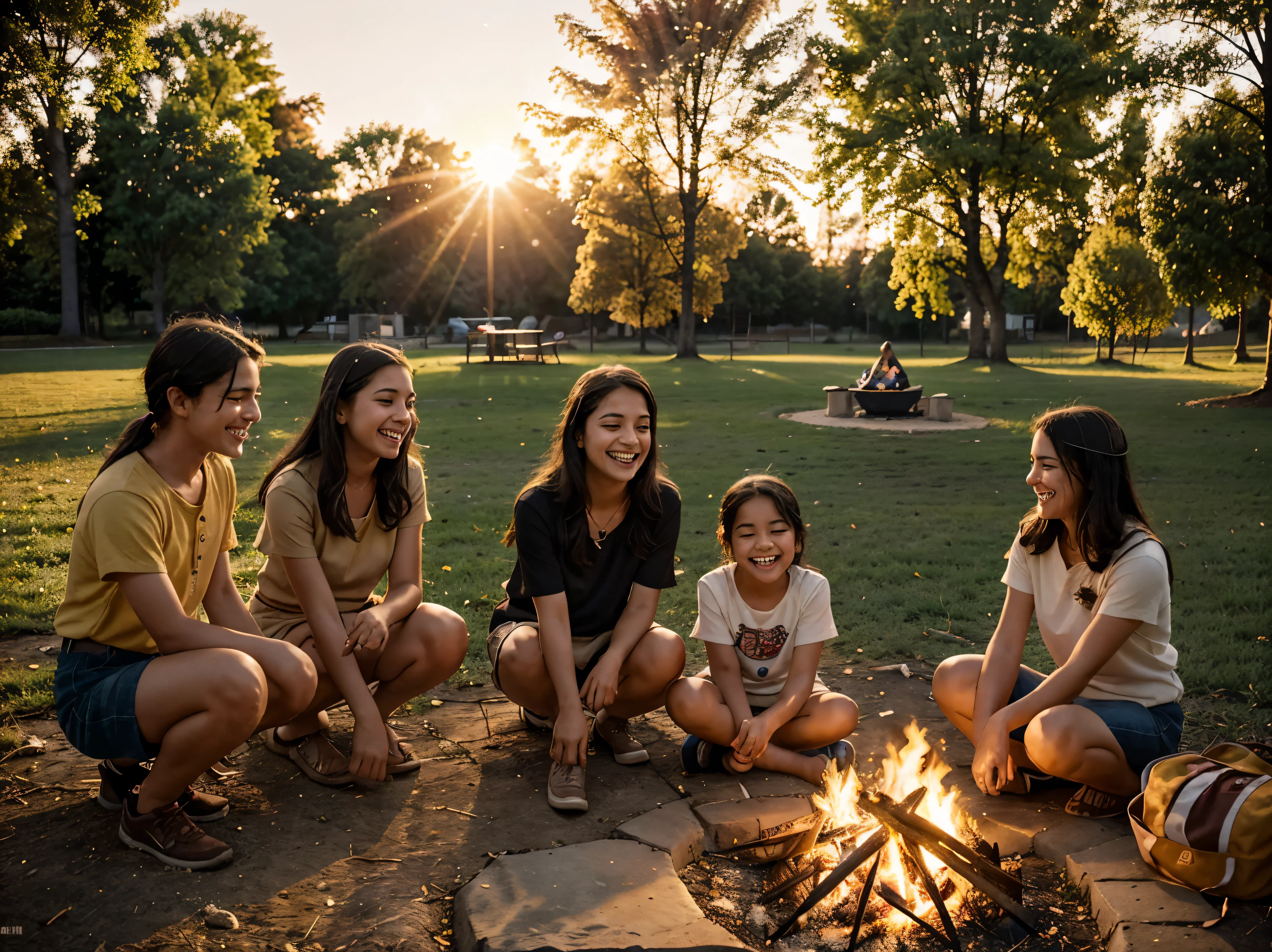 "Capture the essence of childhood nostalgia with an image of friends gathered around a campfire in a serene park, illuminated by the golden light of the setting sun. Their laughter and shared stories evoke memories of carefree days spent playing together. In the background, a quaint playground stands as a symbol of innocence and joy."