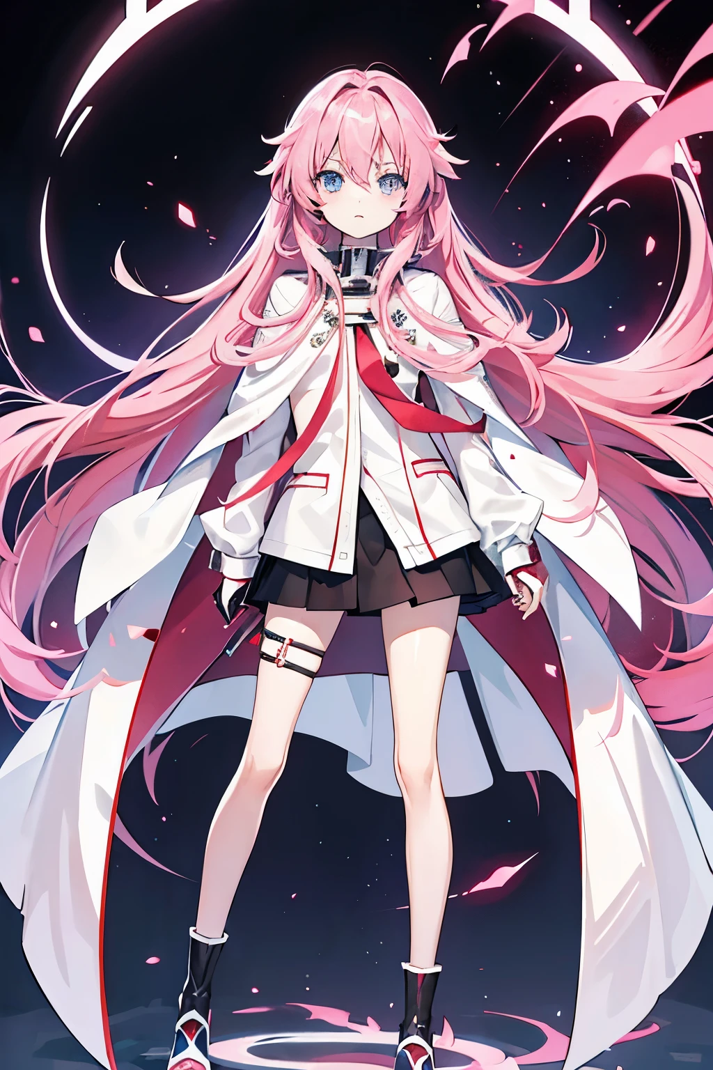 Pink long-haired girl，red and blue eyes，Has the ability to control temperature，Wearing a white cloak，Wearing a shirt and a black miniskirt，full body portrait，stand，slender legs，small ，Proud，A stay-at-home girl