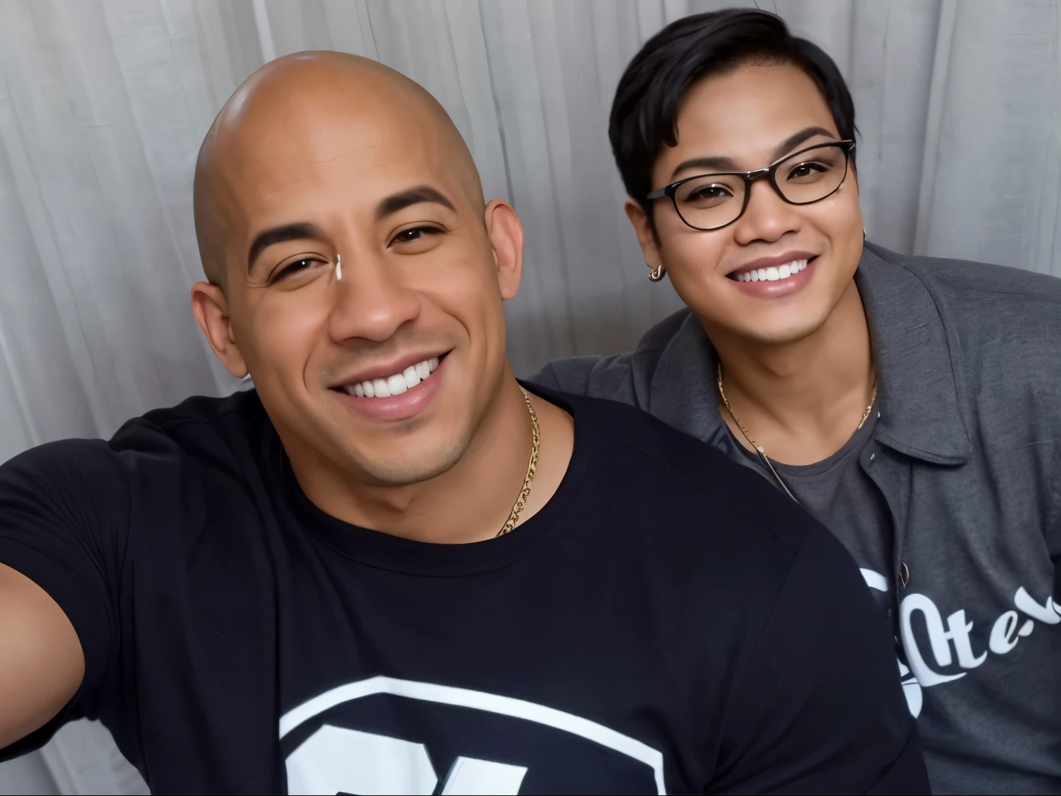 (Best quality, 8k, 32k, Masterpiece, UHD:1.2) "Generate an image featuring a chubby Filipino man with short black hair and eyeglasses ((Filipino Man)), standing next to a celebrity ladies of Vin Diesel ((Vin Diesel)). Both individuals are posing together and smiling as if taking a selfie.
Ensure that the chubby Filipino man's appearance is depicted accurately, with attention to his facial features and physique. Emphasize his friendly and jovial demeanor through his expression and body language.
The celebrity should be recognizable and exude a sense of warmth and approachability. Depict them in stylish attire suitable for a casual gathering or event.
Create a backdrop that complements the setting, such as a trendy urban environment or a bustling public space. Incorporate elements that enhance the scene's jovial atmosphere, such as colorful decorations or festive lighting.
Capture the interaction between the two individuals authentically, conveying a sense of camaraderie and shared enjoyment."