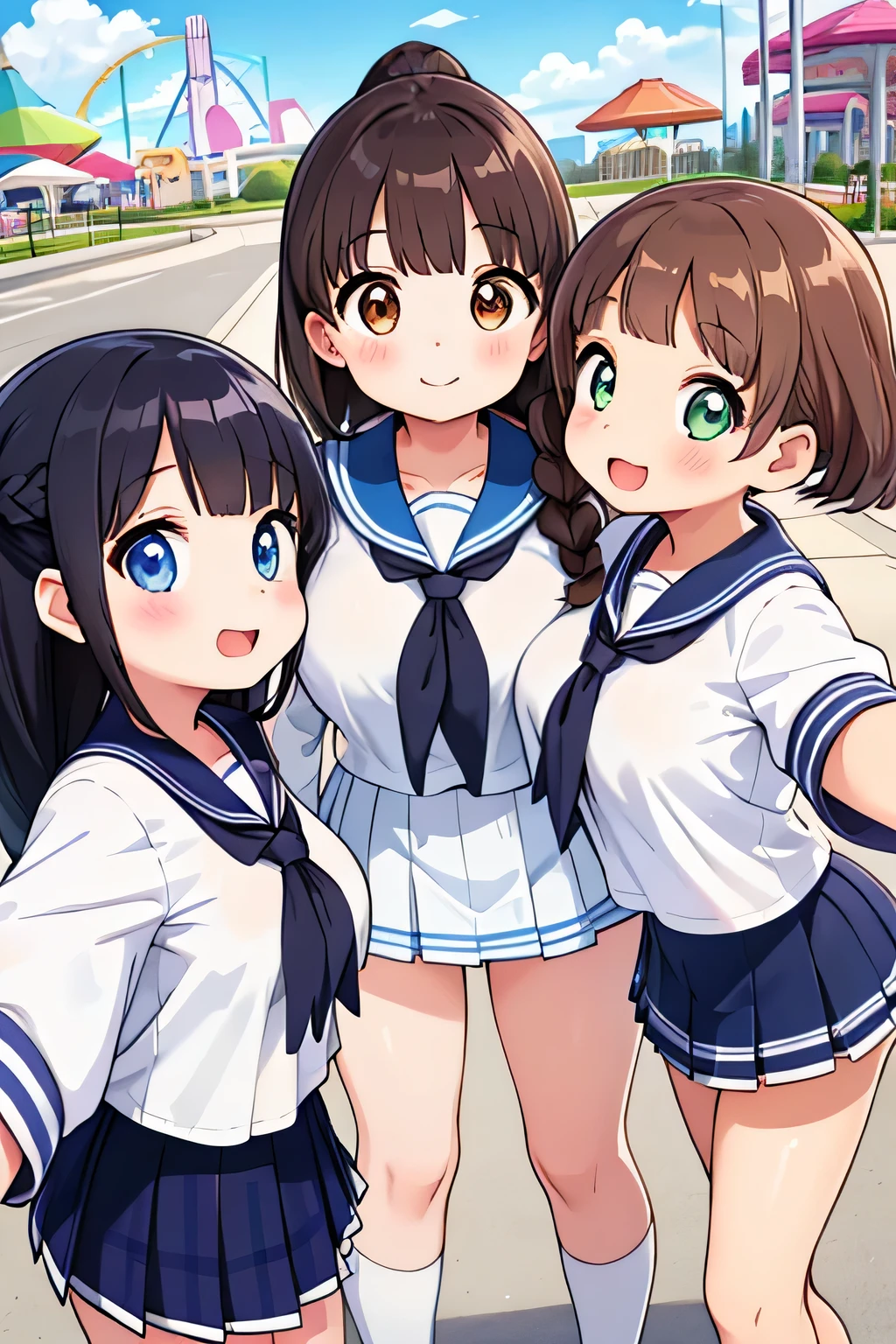 (highest quality、High resolution、detailed background、8K)、(Highly detailed beautiful face:1.4)、beautiful and smooth skin、skin texture、professional lighting、cute age girl、three women、Brown hair or cute hair color、cute braided hairstyles、braided bob、braided ponytail、huge breasts、perfect body line、Theme park、amusement park、(Three beautiful girls are happily taking selfies side by side:1.5)、zoom up、cute color sailor suit、white sailor collar、plaid pleated hort sleeve、white knee high socks、(smile:1.2)、A big smile、open your mouth and laugh、sexual expression、cute