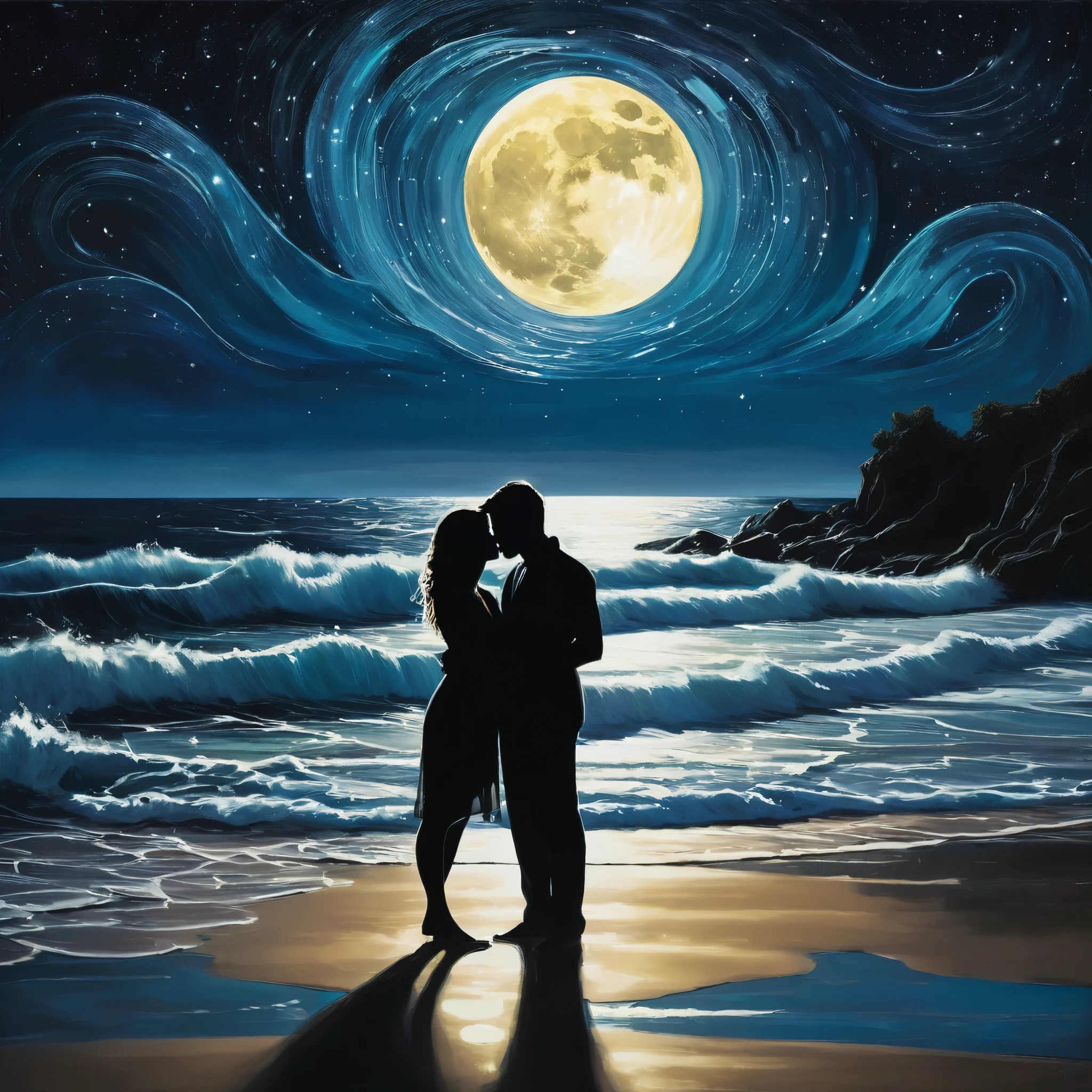 A passionate embrace between two lovers on a moonlit beach, their silhouettes entwined against the shimmering waves.