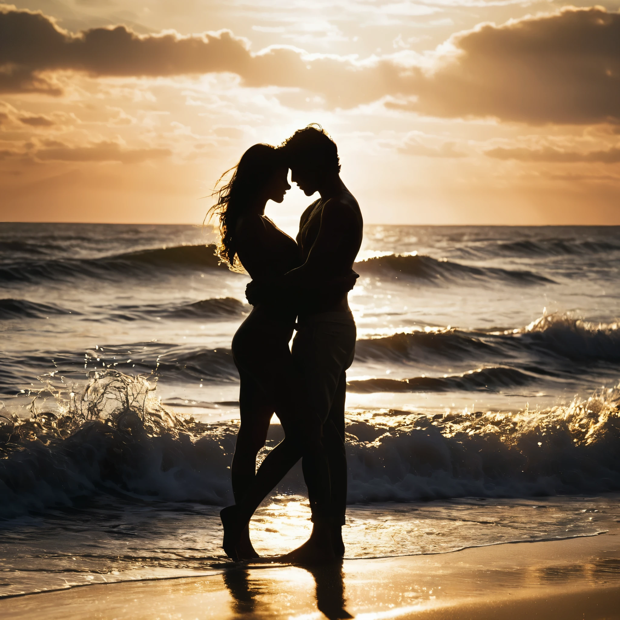 A passionate embrace between two lovers on a morning sunlit beach, their silhouettes entwined against the shimmering waves.