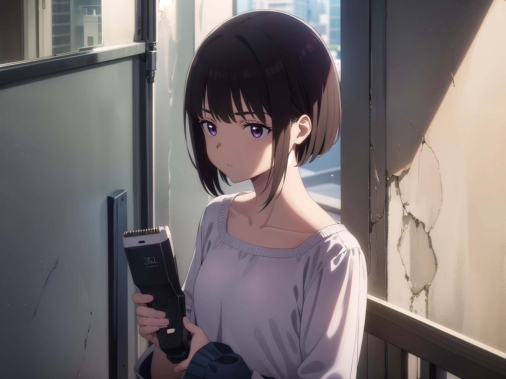 1girl, solo, exposed back, upper body, bob hair, short hair, short bob hair, bob cut, haircut, undercut, bobbed hair, minibob, buzz hair cut, purple eyes, Holding a shaver