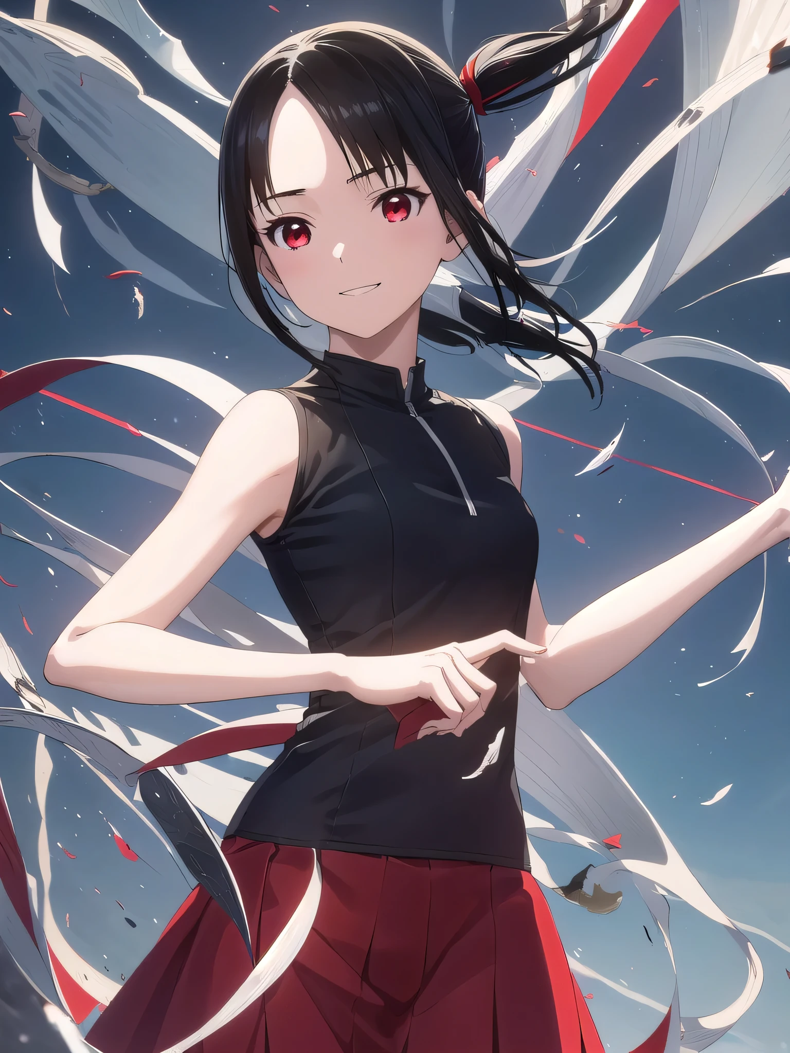 kaguya shinomiya, short hair, bangs, black hair, (red eyes:1.3), debris flies、1 girl(1:2)、hair ribbon, side lock, folded ponytail, (parted bangs:1.5),I&#39;I&#39;I&#39;ll go with a smile、grin and laugh、The art style resembles an attractive anime style. About image quality, priority (highest quality, 4k, 8K, High resolution, body line１.2), Super detailed, and (realistic, realistic, Photoreal:1.37) ,yoga poses.Ultra-fine painting, sharp focus, Physically based rendering, extreme details, Professional, bright colors,There is an ocean behind、black long skirt、White shirt with a little sheer、big 、rainbow colored sea of fur
