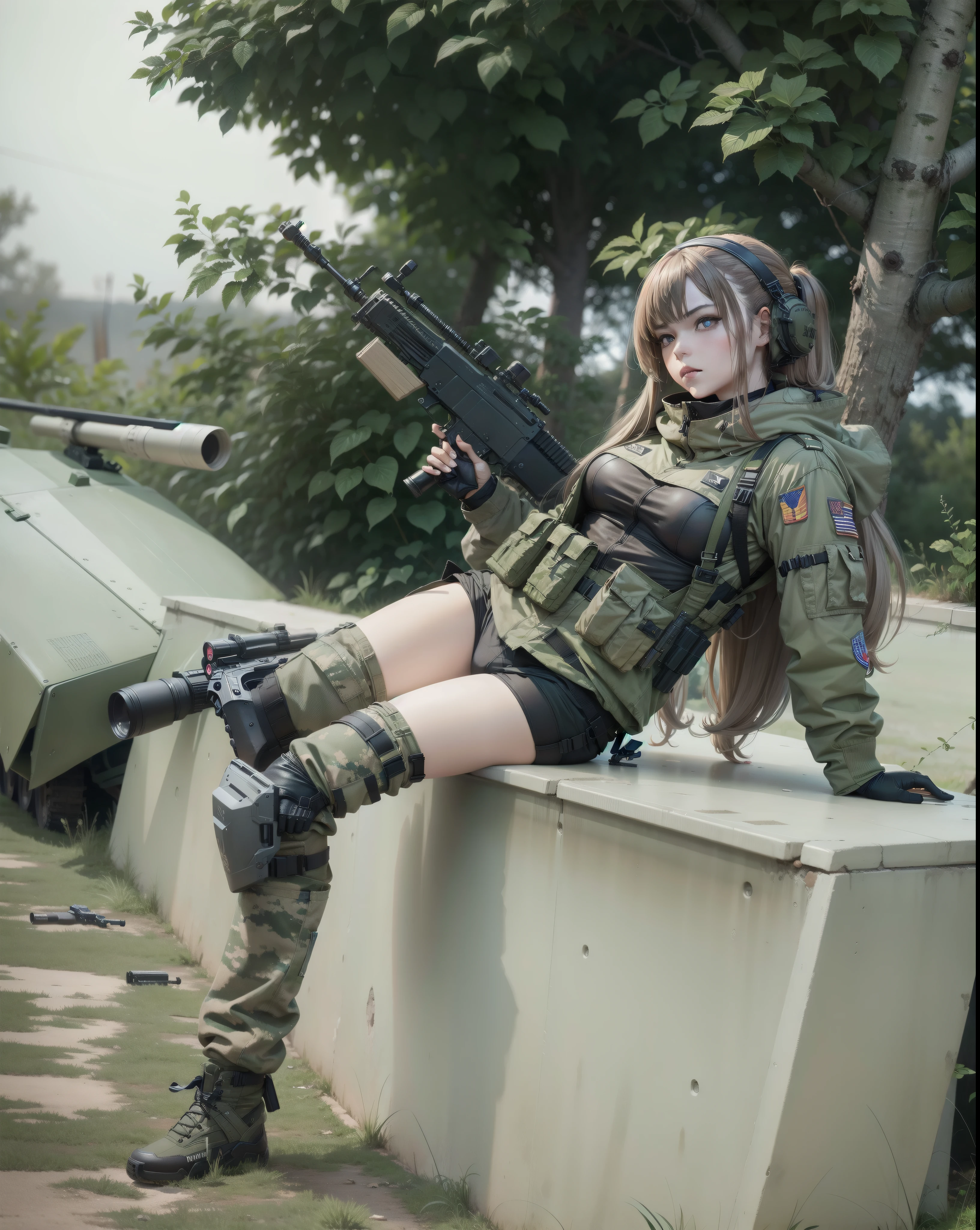 There is a woman wearing military uniform and holding a gun., M4 SOPMOD II Dolls Frontline, Quieter than Metal Gear Solid, Quieter than Metal Gear Solid v, mechanized soldier girl, with rifle, bikini + Tattered military equipment, military girl, shooting pose, infantry girl, soldier girl, deayami kojima, with a pistol, black lagoon levi