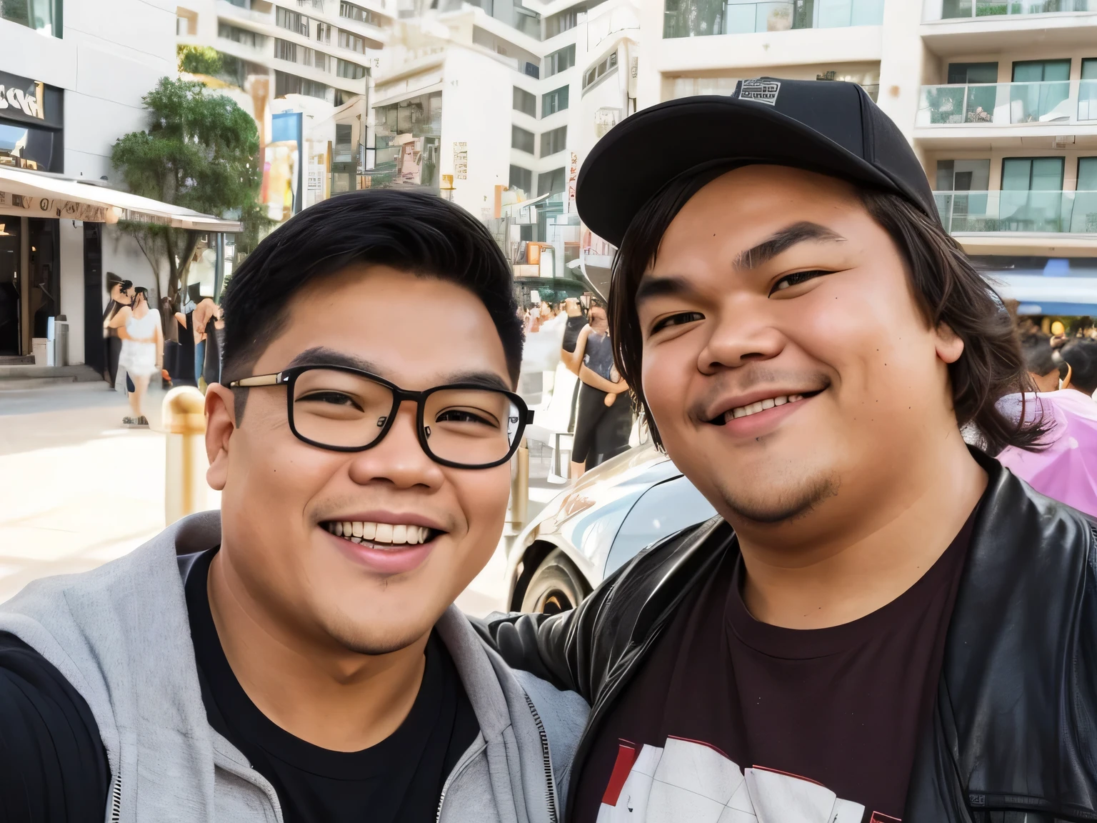 (Best quality, 8k, 32k, Masterpiece, UHD:1.2) "Generate an image featuring a chubby Filipino man with short black hair and eyeglasses, standing next to a celebrity ladies of Jack Black ((Jack Black)). Both individuals are posing together and smiling as if taking a selfie.
Ensure that the chubby Filipino man's appearance is depicted accurately, with attention to his facial features and physique. Emphasize his friendly and jovial demeanor through his expression and body language.
The celebrity should be recognizable and exude a sense of warmth and approachability. Depict them in stylish attire suitable for a casual gathering or event.
Create a backdrop that complements the setting, such as a trendy urban environment or a bustling public space. Incorporate elements that enhance the scene's jovial atmosphere, such as colorful decorations or festive lighting.
Capture the interaction between the two individuals authentically, conveying a sense of camaraderie and shared enjoyment." ((Filipino Man))