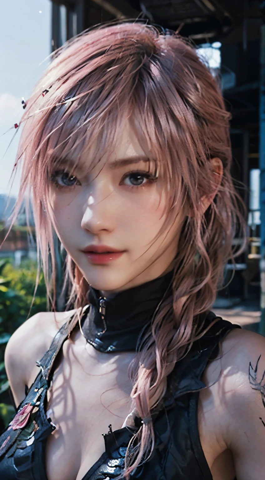 Trending with ArtStation, Trending on CGsociety, Complex, high detail, sharp focus, f1.8, dramatic, starry sky, 1 female, claire fallon, Lightning from Final Fantasy XIII: lightning returns game , Lightning&#39;s Equilibrium Costume, red and black themed costume, I&#39;m watching you, closed mouth smile,20-year-old, mature look, surreal, raytraced, look at the camera, Realistic drawing art by Midjourney and Greg Rutkowski, sketch, masterpiece, highest quality, Lightning pink hair, very detailed, 1 female, Half body, 頭からbustまでの画像スコープ, Standing position, detailed and beautiful eyes, cute face, bust, big boss, detailed beautiful face, (botanical illustration: 1.5), Pornographic exposure is prohibited, breasts get bigger, cleavage, No blur, perfect freedom, Gestures perfect for the camera, perfect pose