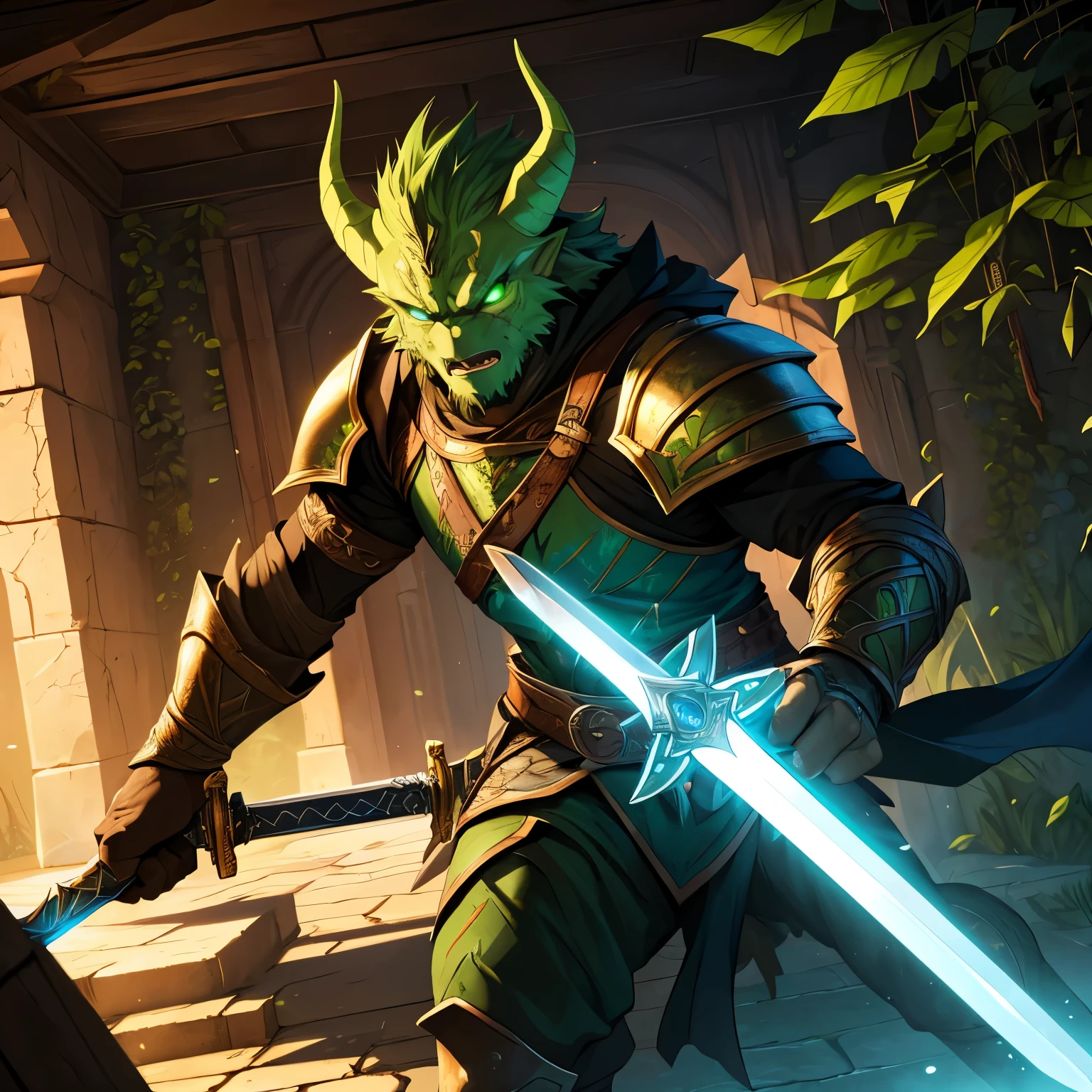 (best quality,8k,highres, masterpiece:1.2), ultra-detailed, HDR, UHD, studio lighting, ultra-fine painting, sharp focus, physically-based rendering, extreme detail description, professional, vivid colors, bokeh, portraits, concept artists, warm color palette, dramatic lighting, 1 man, green eyes, serious expression,Dungeons & Dragons style,neon green bastard sword on his hands,shining green eyes full of madness, green thundervolt colored armor,scar on his cheek,ivy-infested dungeons, walls, floors and ceilings filled with plants,A large number of monsters pounce on him,A large number of monsters pounce on him, sword to sword,