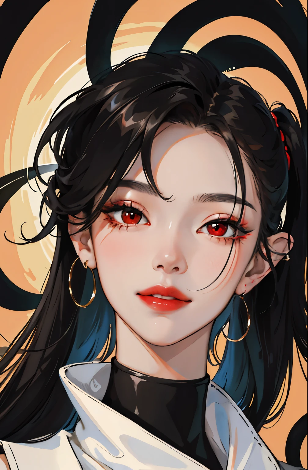 masterpiece, best quality, high resolution, a 1girl, black hair, looking at the audience, Close-up portrait shot, Asian, Wearing a black turtleneck sweater, Have perforations, Smile, red lipstick, Red eyes