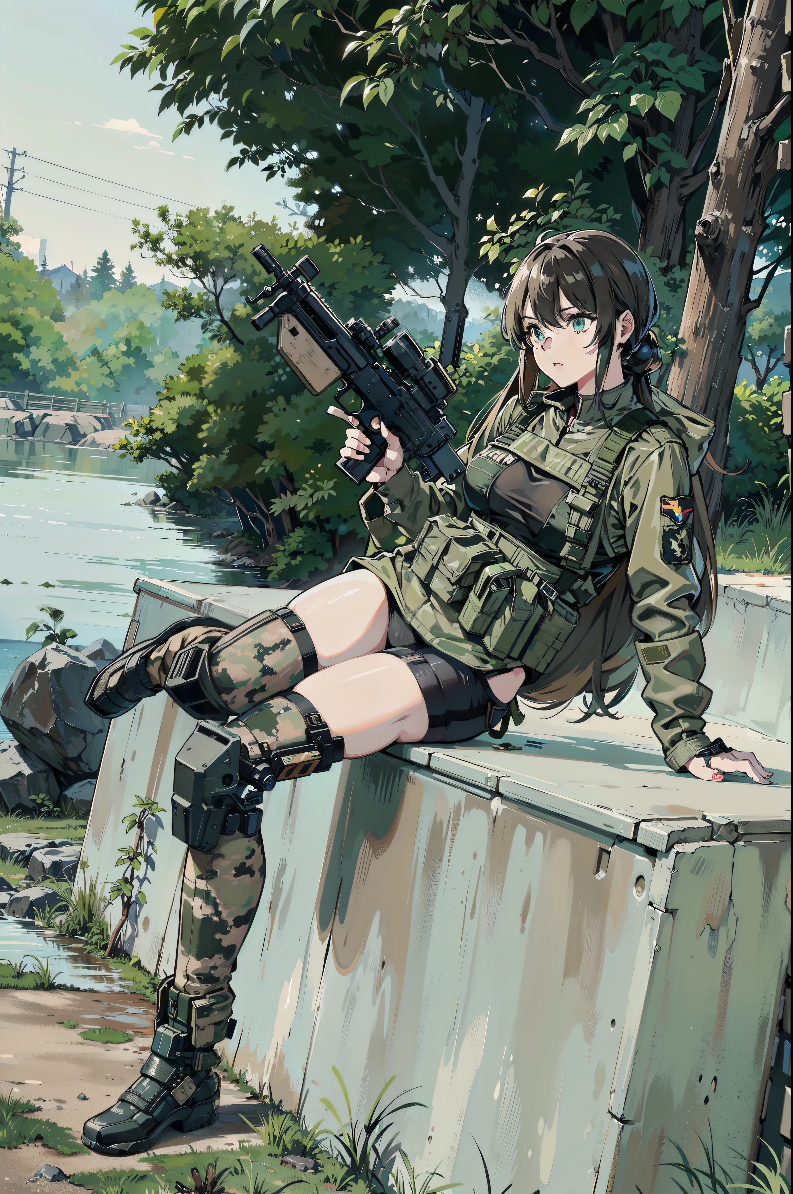 There is a woman wearing military uniform and holding a gun., M4 SOPMOD II Dolls Frontline, Quieter than Metal Gear Solid, Quieter than Metal Gear Solid v, mechanized soldier girl, with rifle, bikini + Tattered military equipment, military girl, shooting pose, infantry girl, soldier girl, deayami kojima, with a pistol, black lagoon levi