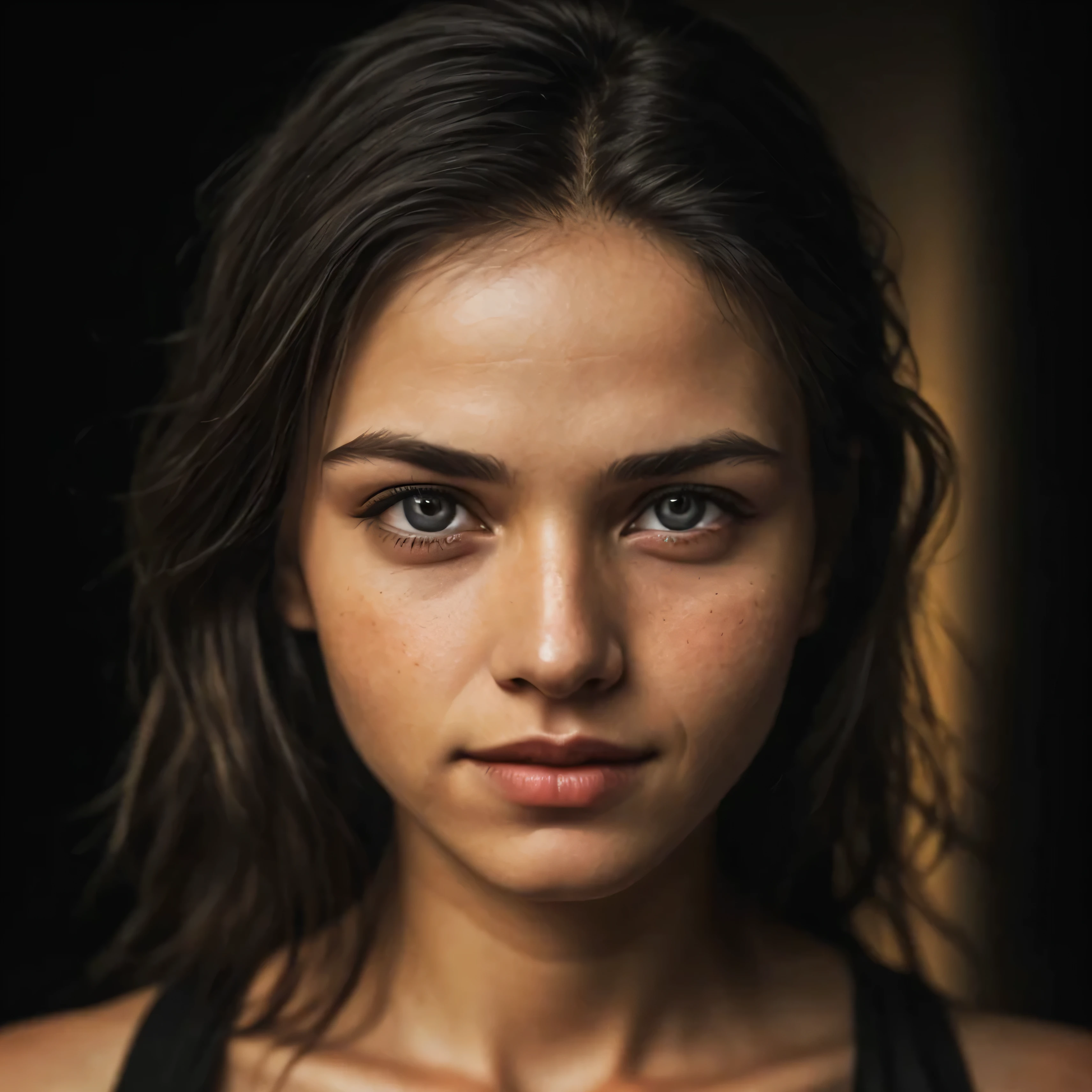 (close up, Editorial photo of a 21-year-old blonde woman, View, by Lee Jeffries, Nikon D850, movie stock photos ,4 ending portra 400 ,camera f1.6 shots ,colorful ,Surreal ,Realistic texture, dramatic lighting , film alembic 800,), (The facial details are very rich:1.4), perfect eyes, Realistic irises, perfect teeth, (Smile:0.7), (Dark inside the background, moody, private study:1.3) ,