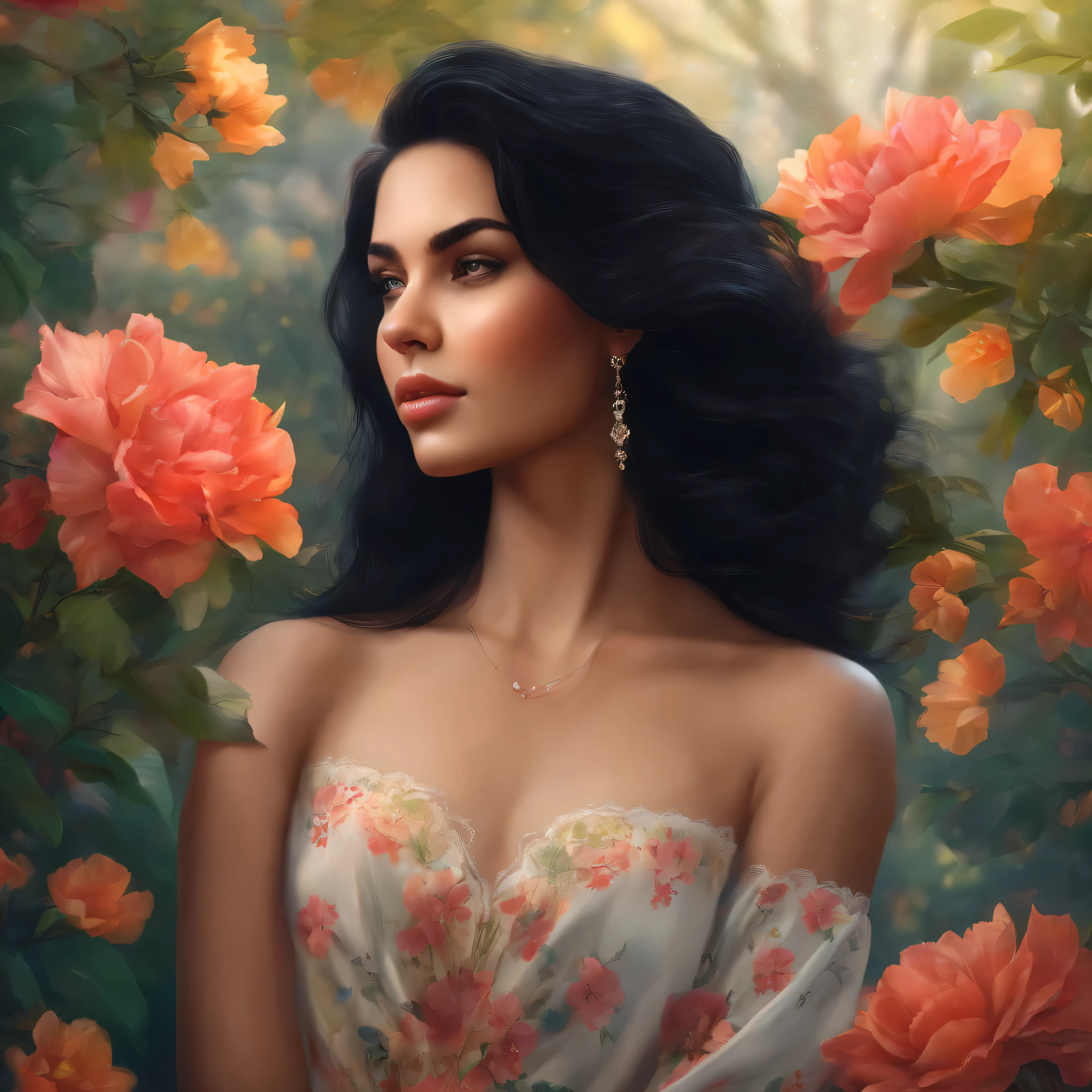 natural girl with, black hair and right side pose, flowery background.