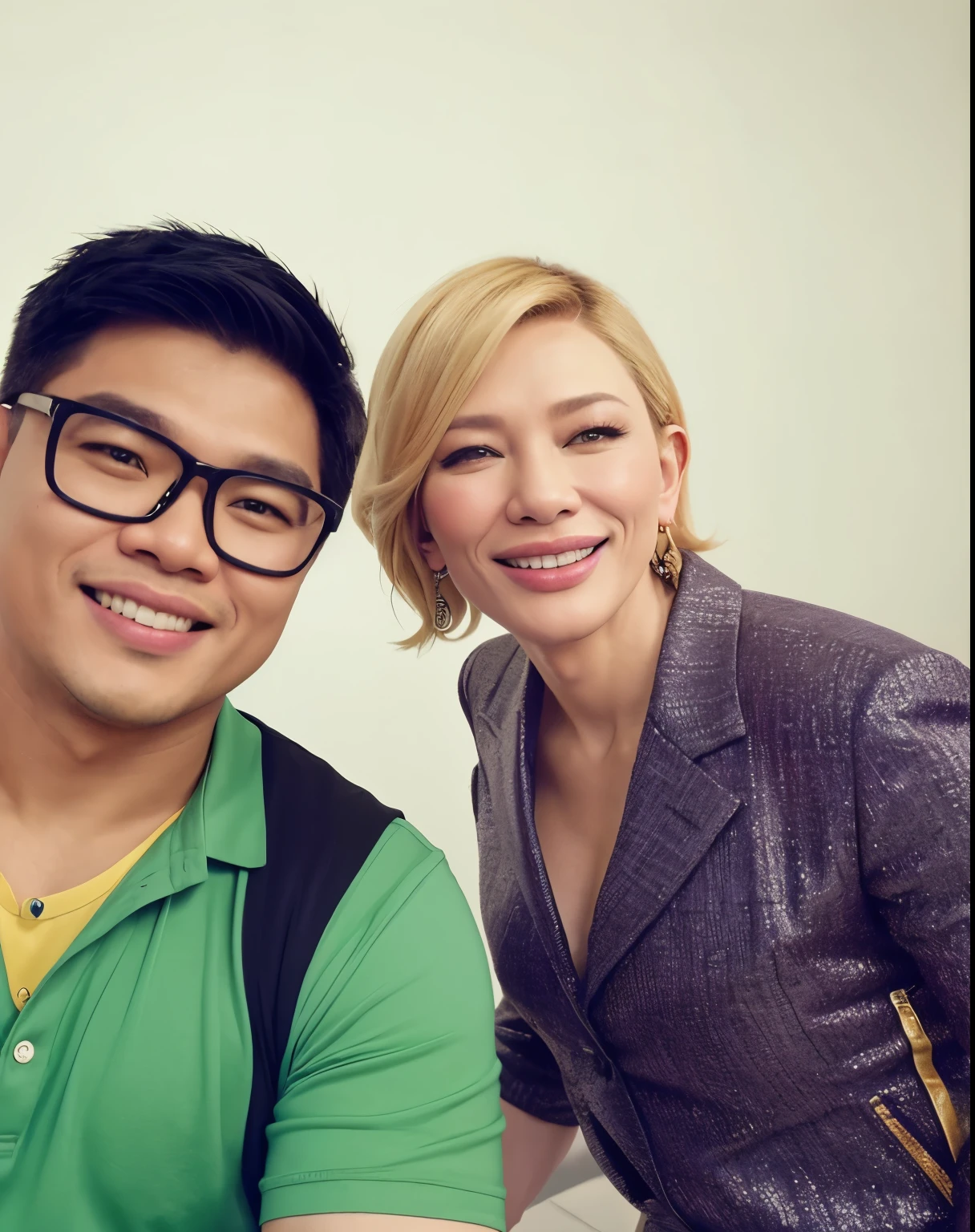 (Best quality, 8k, 32k, Masterpiece, UHD:1.2)  "Generate an image featuring a chubby Filipino man with short black hair and eyeglasses, standing next to a celebrity ladies of Cate Blanchett ((Cate Blanchett)). Both individuals are posing together and smiling as if taking a selfie.

Ensure that the chubby Filipino man's appearance is depicted accurately, with attention to his facial features and physique. Emphasize his friendly and jovial demeanor through his expression and body language.

The celebrity should be recognizable and exude a sense of warmth and approachability. Depict them in stylish attire suitable for a casual gathering or event.

Create a backdrop that complements the setting, such as a trendy urban environment or a bustling public space. Incorporate elements that enhance the scene's jovial atmosphere, such as colorful decorations or festive lighting.

Capture the interaction between the two individuals authentically, conveying a sense of camaraderie and shared enjoyment." ((Filipino Man))